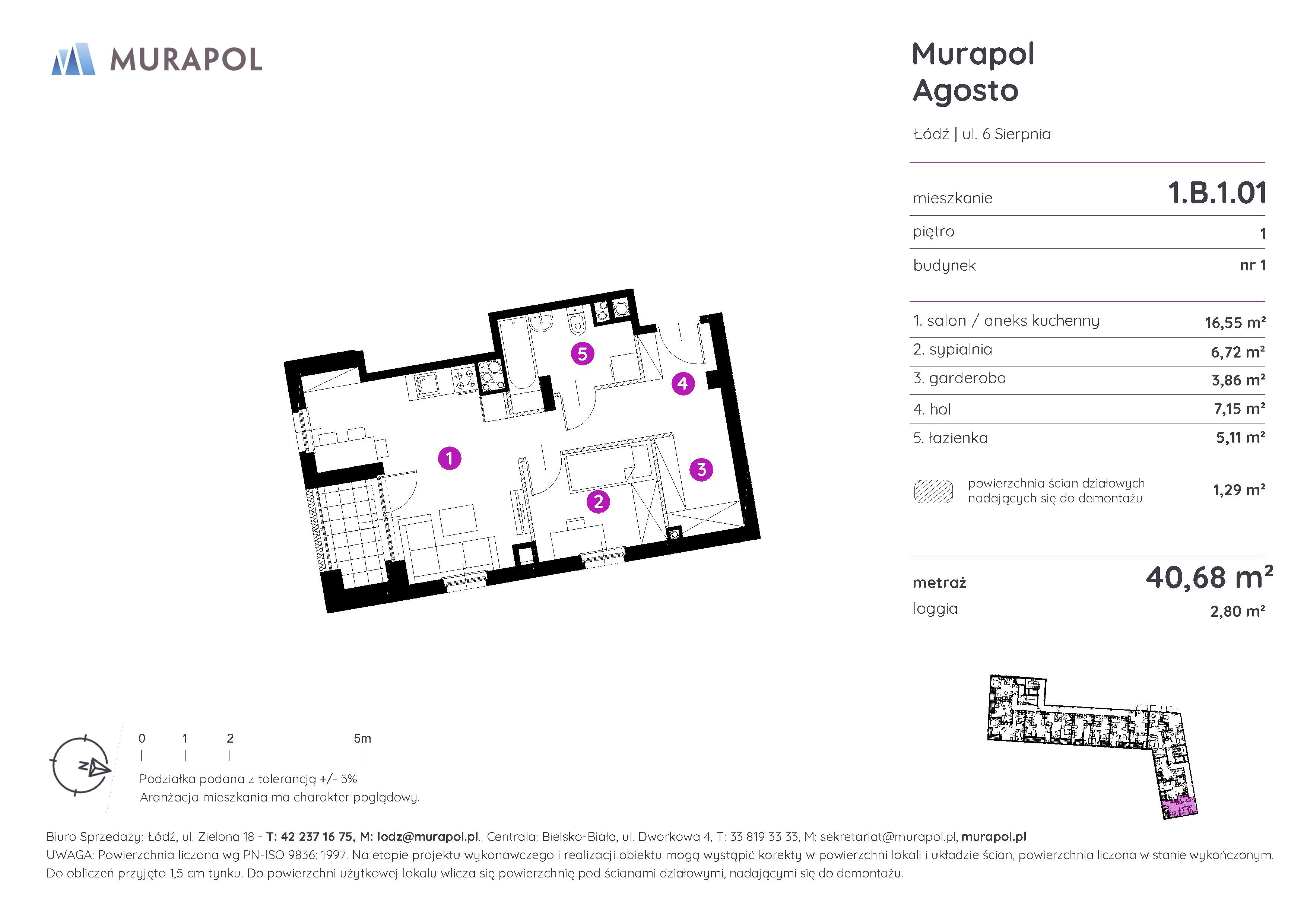 Mieszkanie 40,68 m², piętro 1, oferta nr 1.B.1.01, Murapol Agosto, Łódź, Polesie, Stare Polesie, ul. 6 Sierpnia-idx