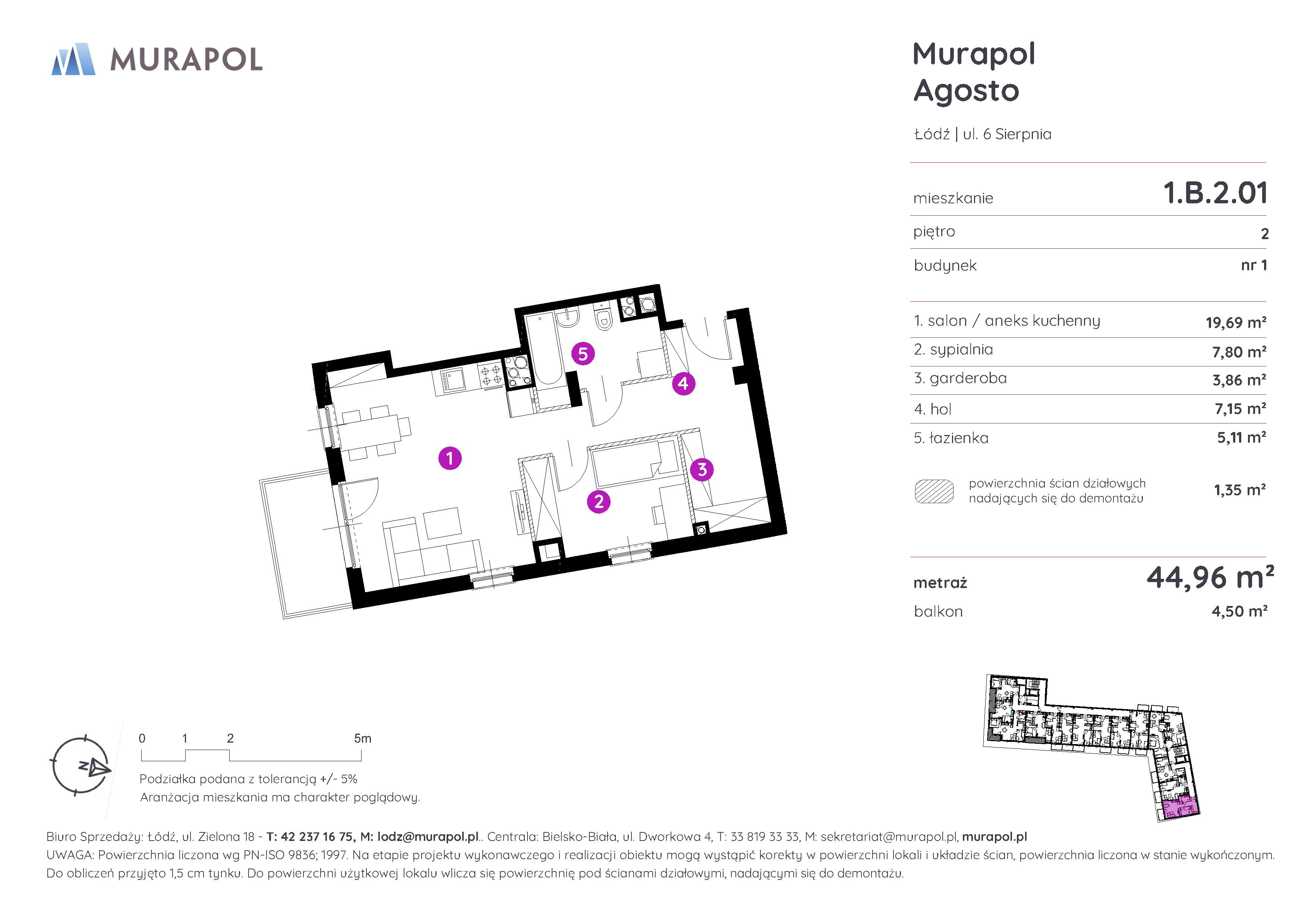 Mieszkanie 44,96 m², piętro 2, oferta nr 1.B.2.01, Murapol Agosto, Łódź, Polesie, Stare Polesie, ul. 6 Sierpnia-idx