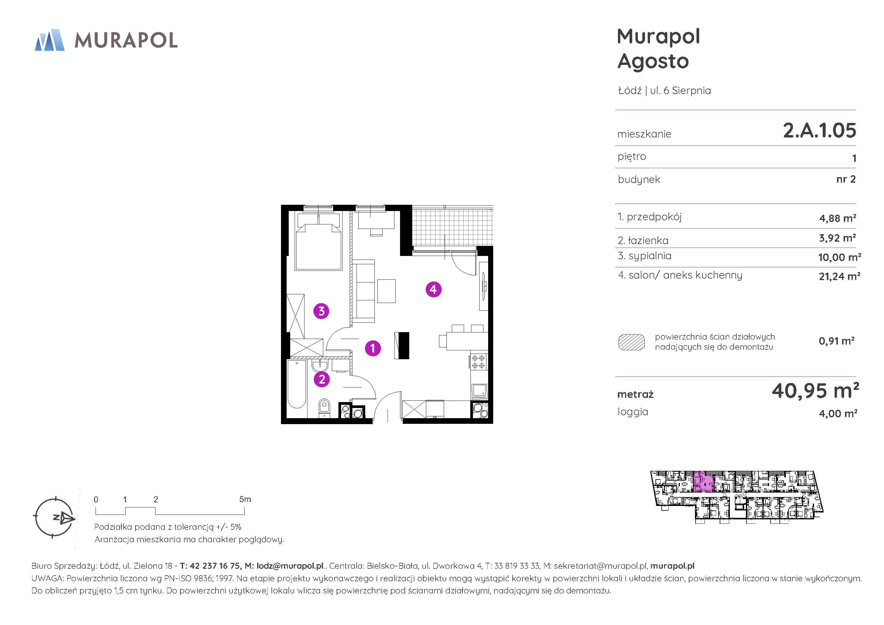 Mieszkanie 40,95 m², piętro 1, oferta nr 2.A.1.05, Murapol Agosto, Łódź, Polesie, Stare Polesie, ul. 6 Sierpnia-idx