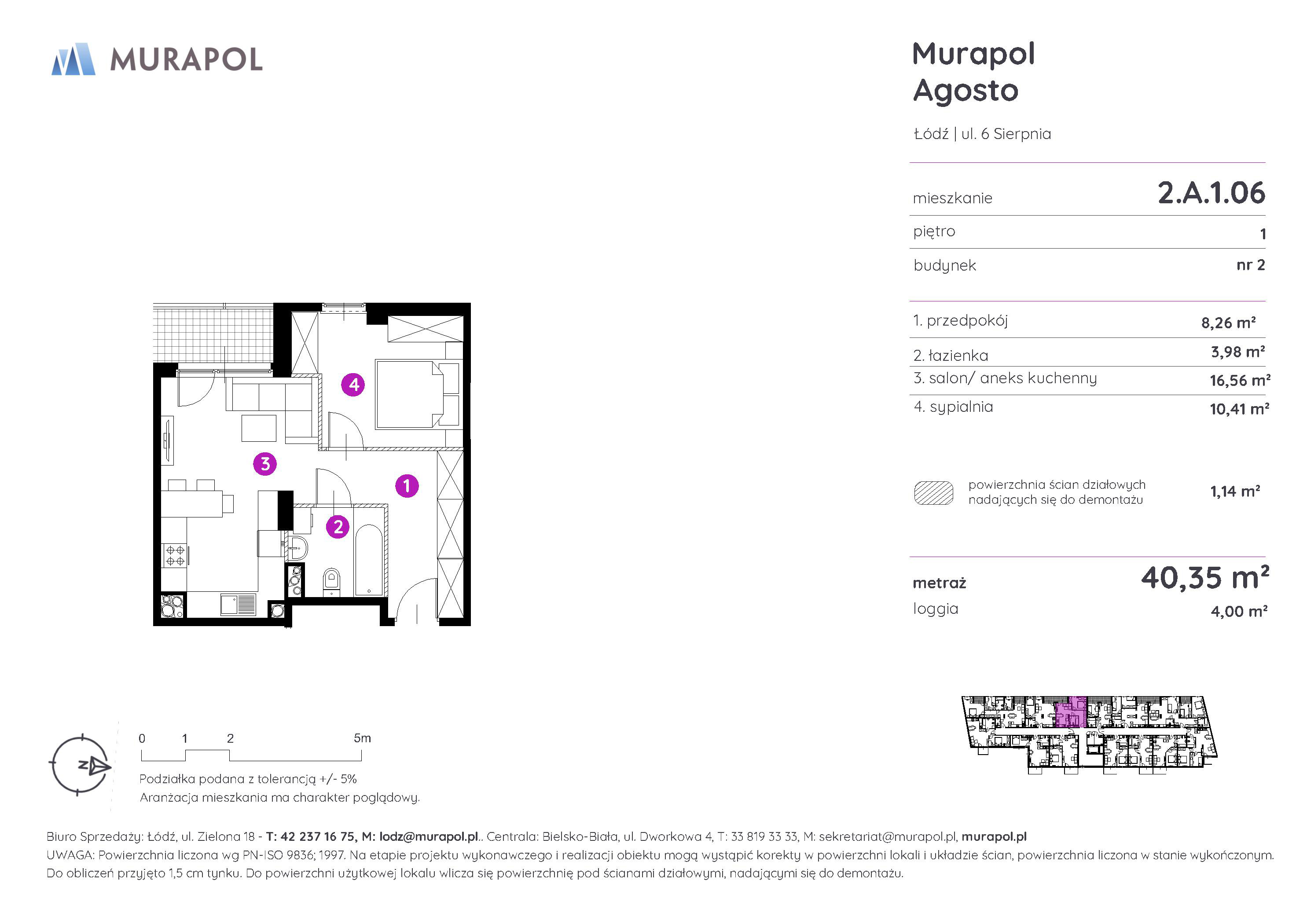 Mieszkanie 40,35 m², piętro 1, oferta nr 2.A.1.06, Murapol Agosto, Łódź, Polesie, Stare Polesie, ul. 6 Sierpnia-idx