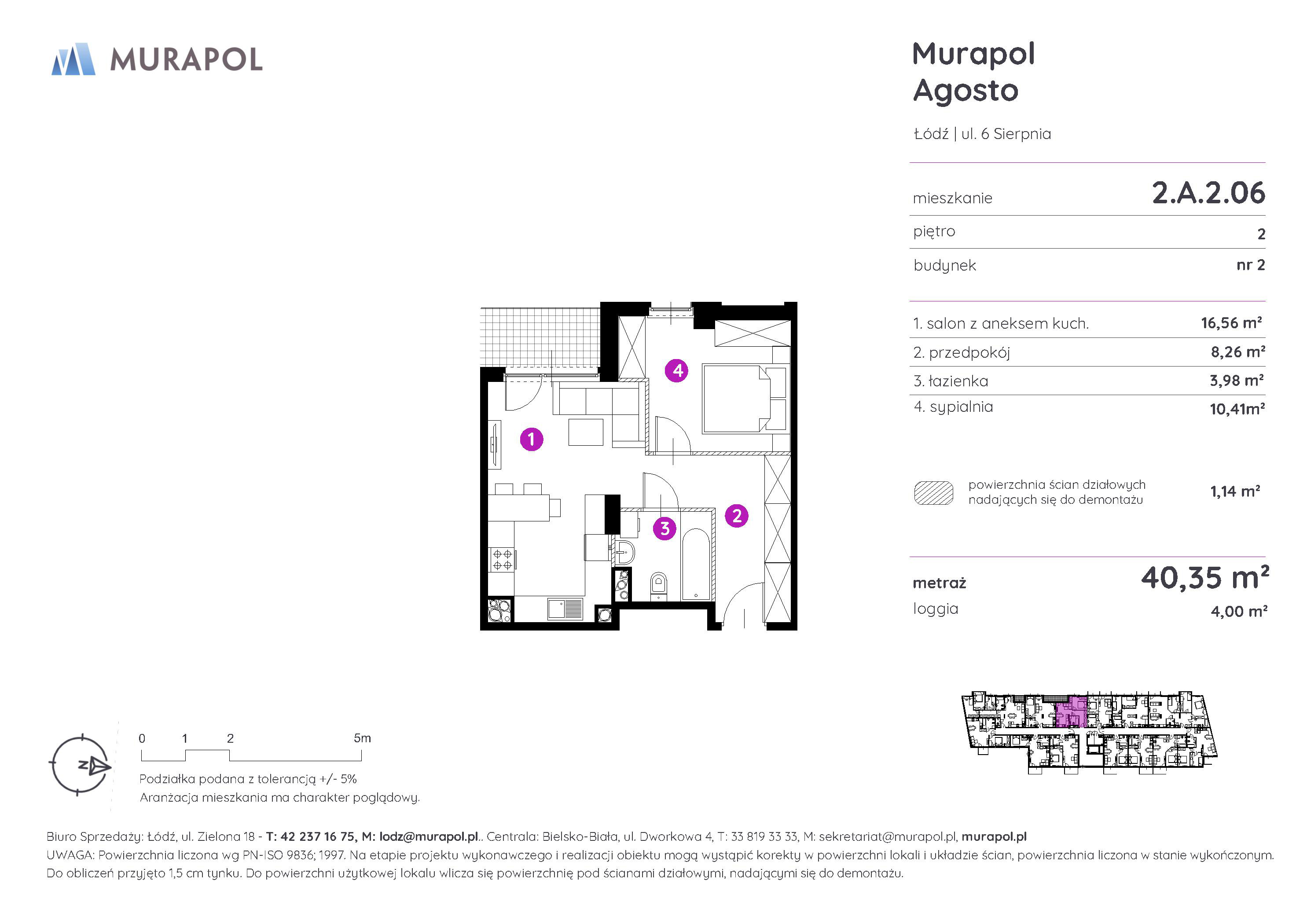 Mieszkanie 40,35 m², piętro 2, oferta nr 2.A.2.06, Murapol Agosto, Łódź, Polesie, Stare Polesie, ul. 6 Sierpnia-idx