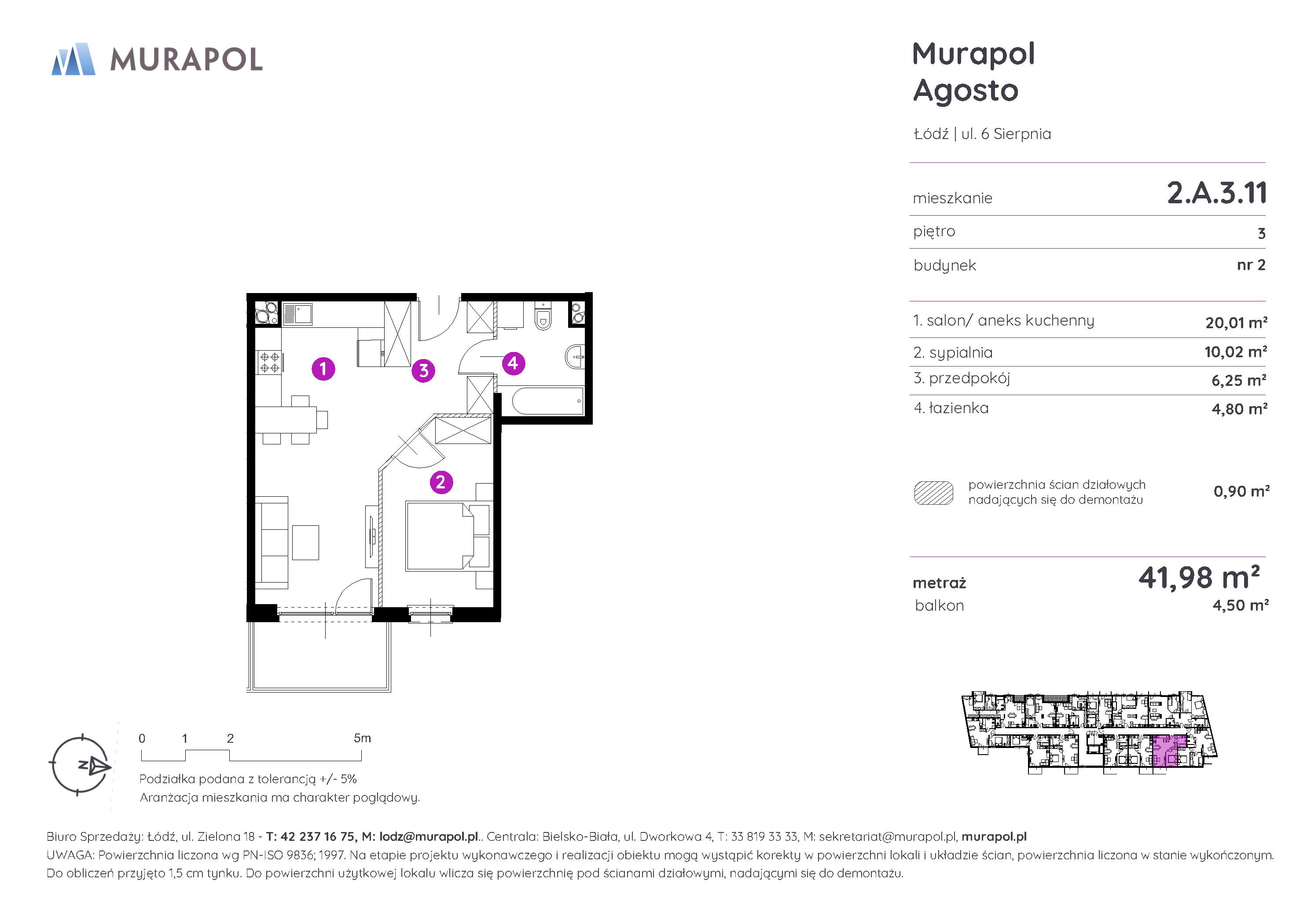 Mieszkanie 41,98 m², piętro 3, oferta nr 2.A.3.11, Murapol Agosto, Łódź, Polesie, Stare Polesie, ul. 6 Sierpnia-idx