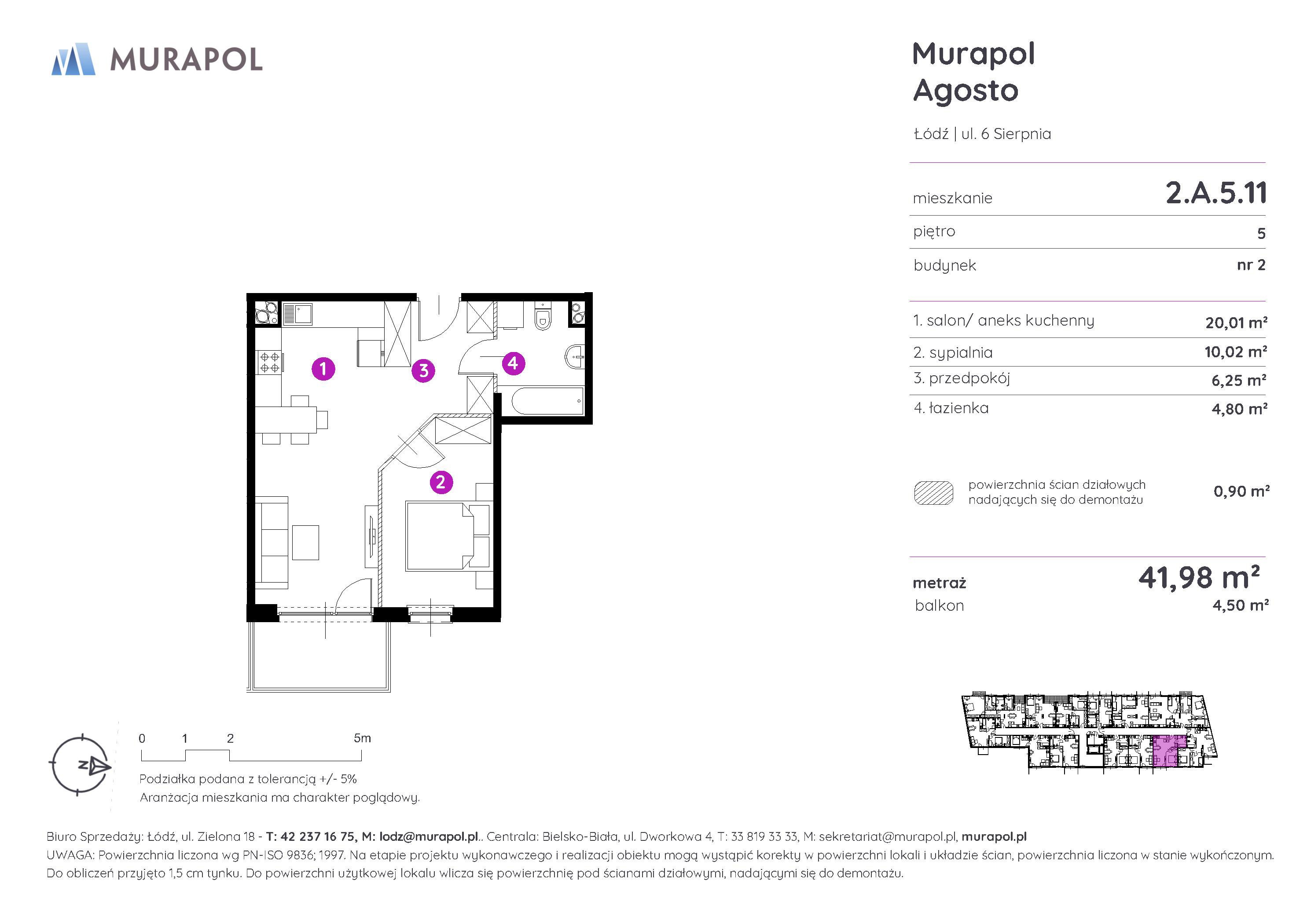 Mieszkanie 41,98 m², piętro 5, oferta nr 2.A.5.11, Murapol Agosto, Łódź, Polesie, Stare Polesie, ul. 6 Sierpnia-idx