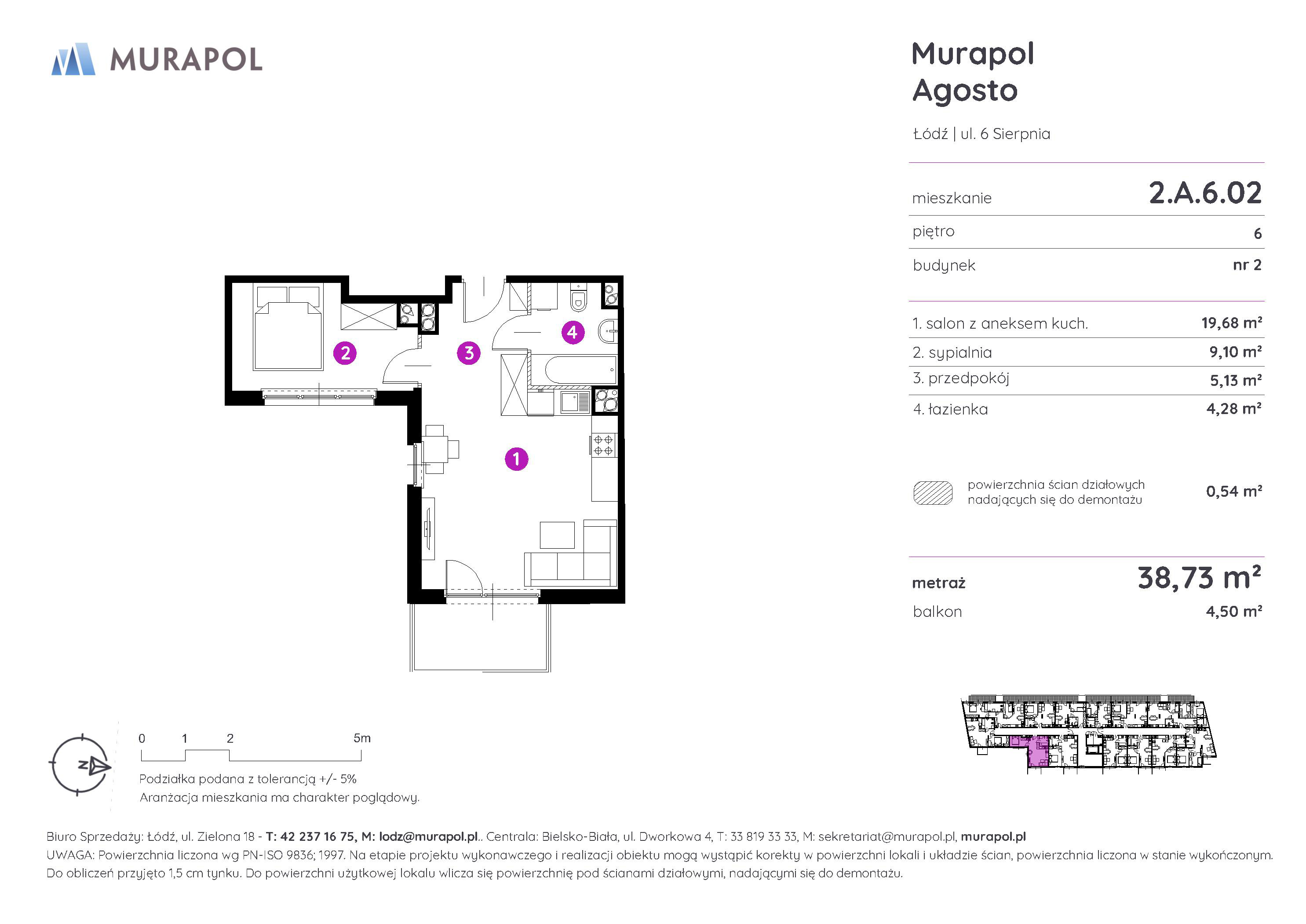 Mieszkanie 38,73 m², piętro 6, oferta nr 2.A.6.02, Murapol Agosto, Łódź, Polesie, Stare Polesie, ul. 6 Sierpnia-idx