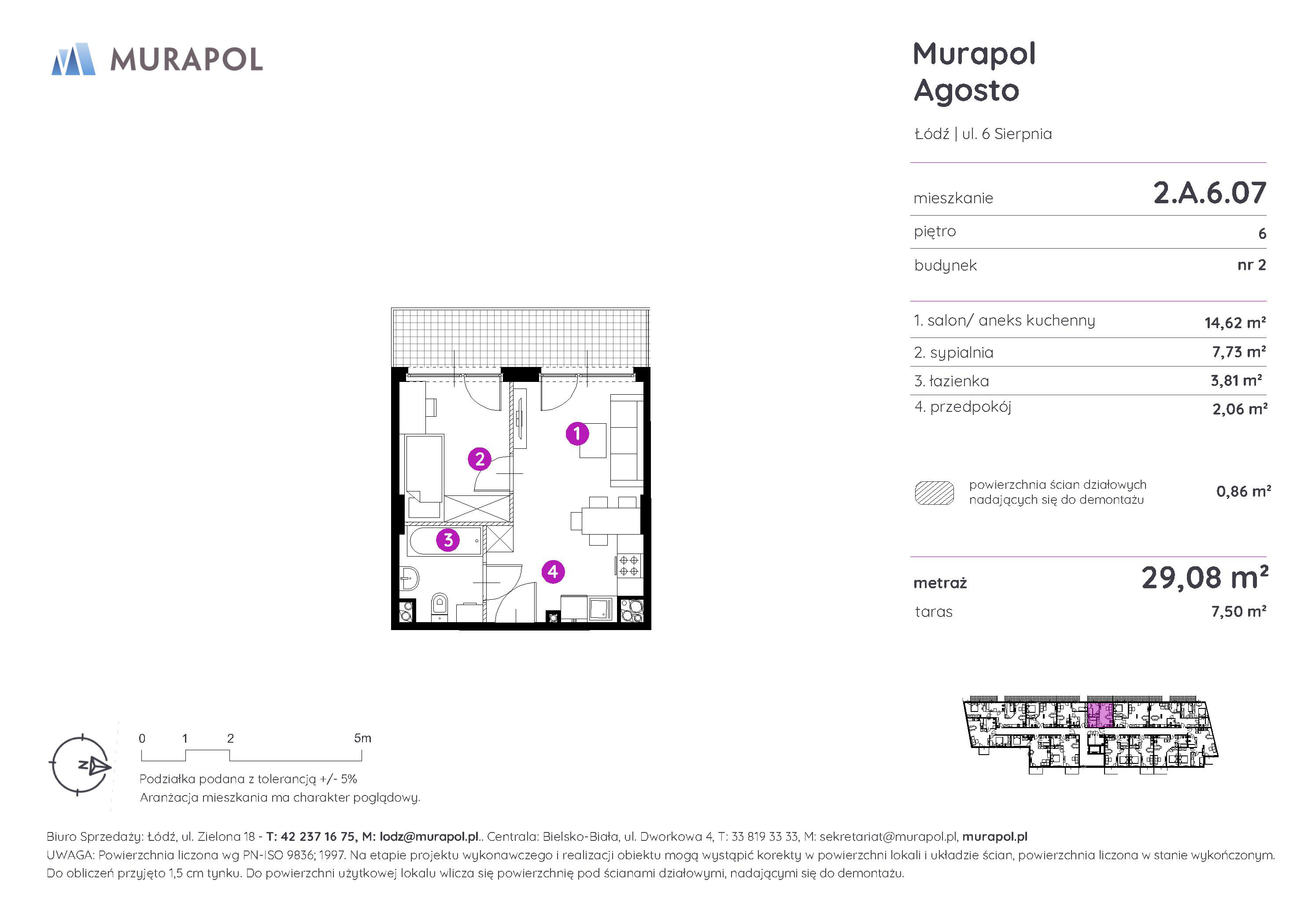 Mieszkanie 29,08 m², piętro 6, oferta nr 2.A.6.07, Murapol Agosto, Łódź, Polesie, Stare Polesie, ul. 6 Sierpnia-idx