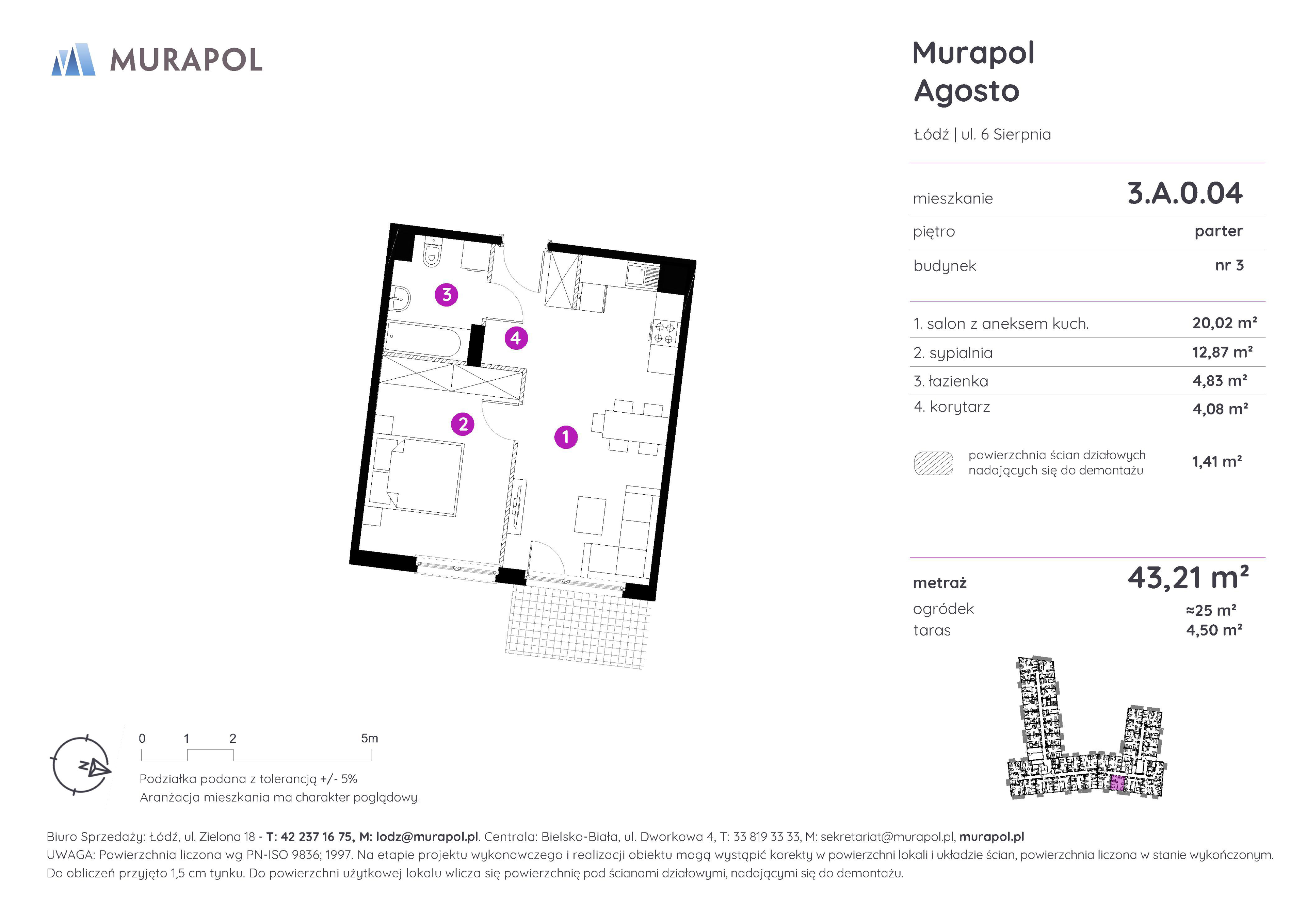 Mieszkanie 43,21 m², parter, oferta nr 3.A.0.04, Murapol Agosto, Łódź, Polesie, Stare Polesie, ul. 6 Sierpnia-idx