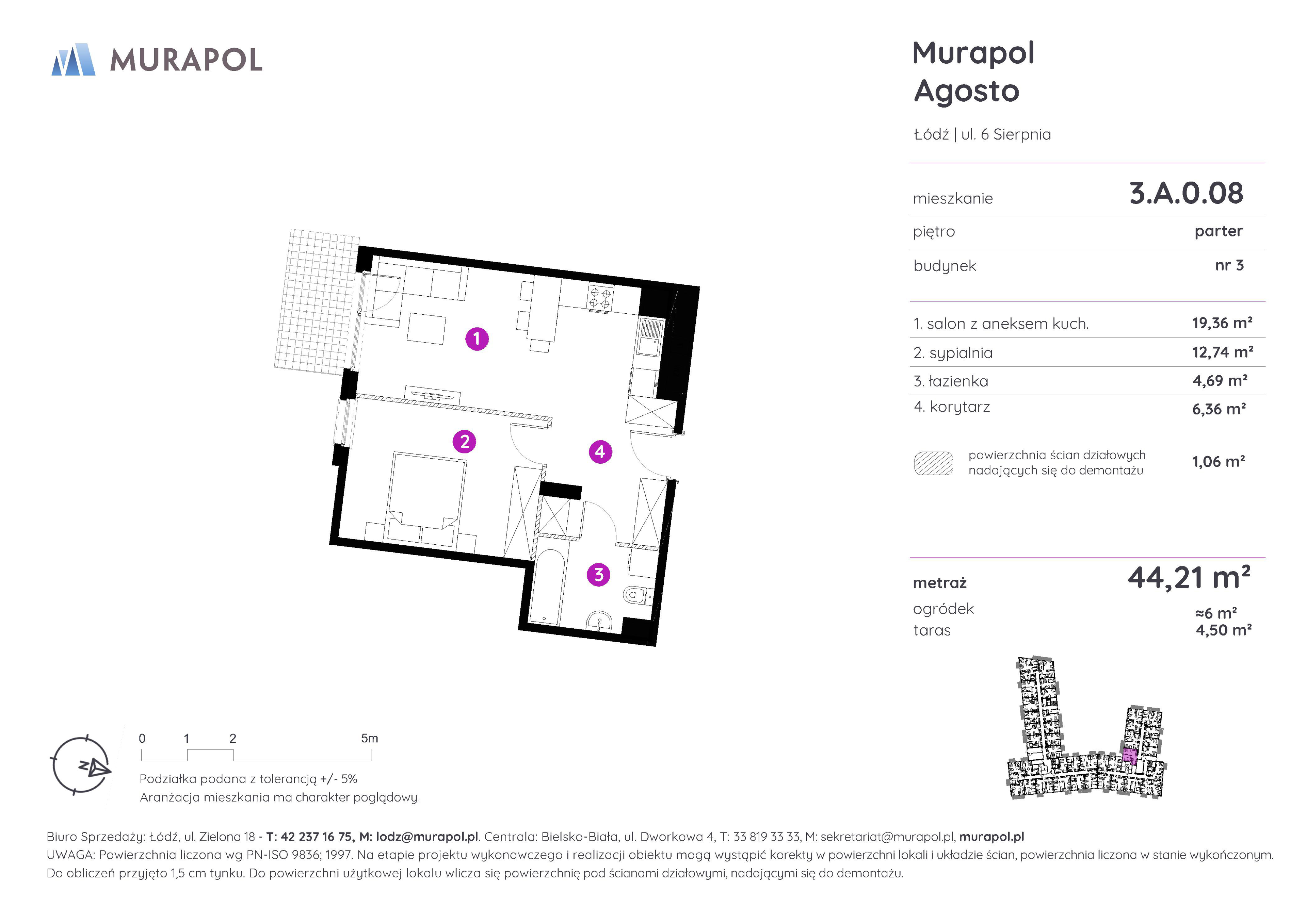 Mieszkanie 44,21 m², parter, oferta nr 3.A.0.08, Murapol Agosto, Łódź, Polesie, Stare Polesie, ul. 6 Sierpnia-idx