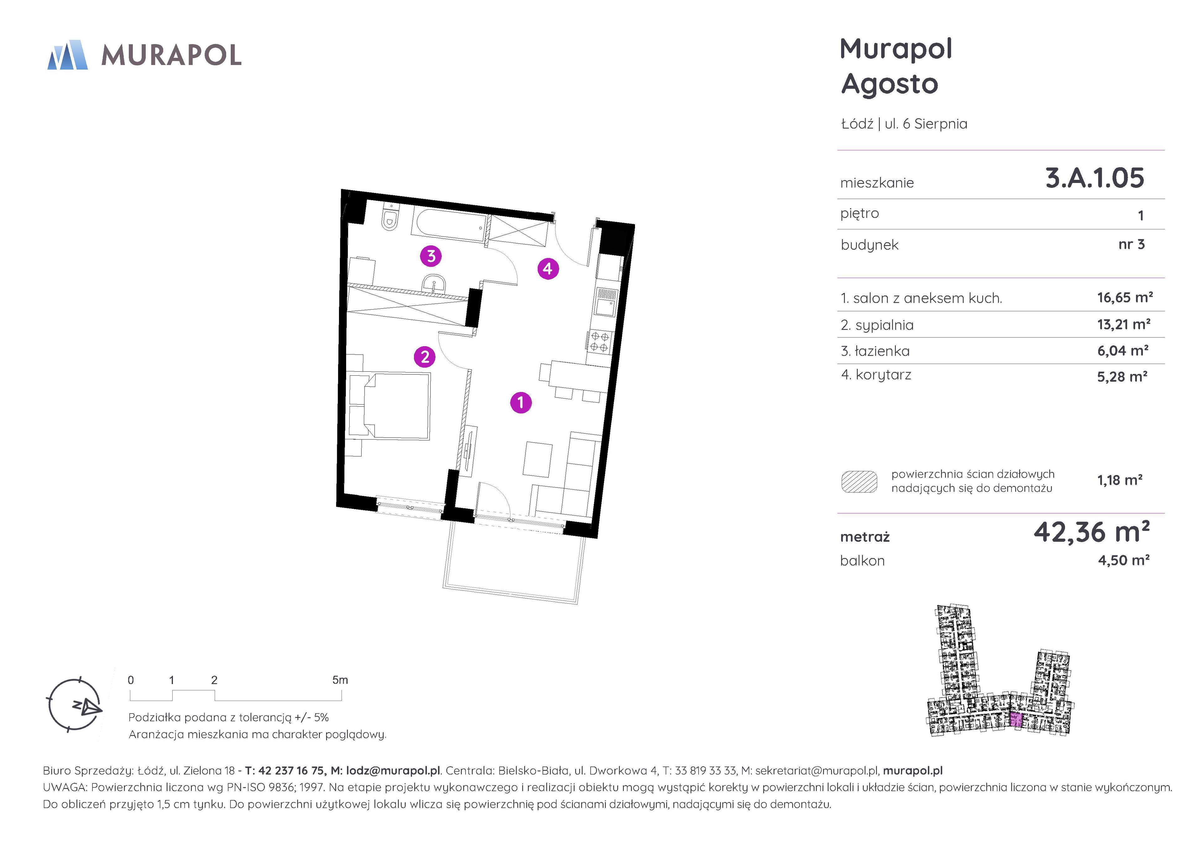 Mieszkanie 42,36 m², piętro 1, oferta nr 3.A.1.05, Murapol Agosto, Łódź, Polesie, Stare Polesie, ul. 6 Sierpnia-idx