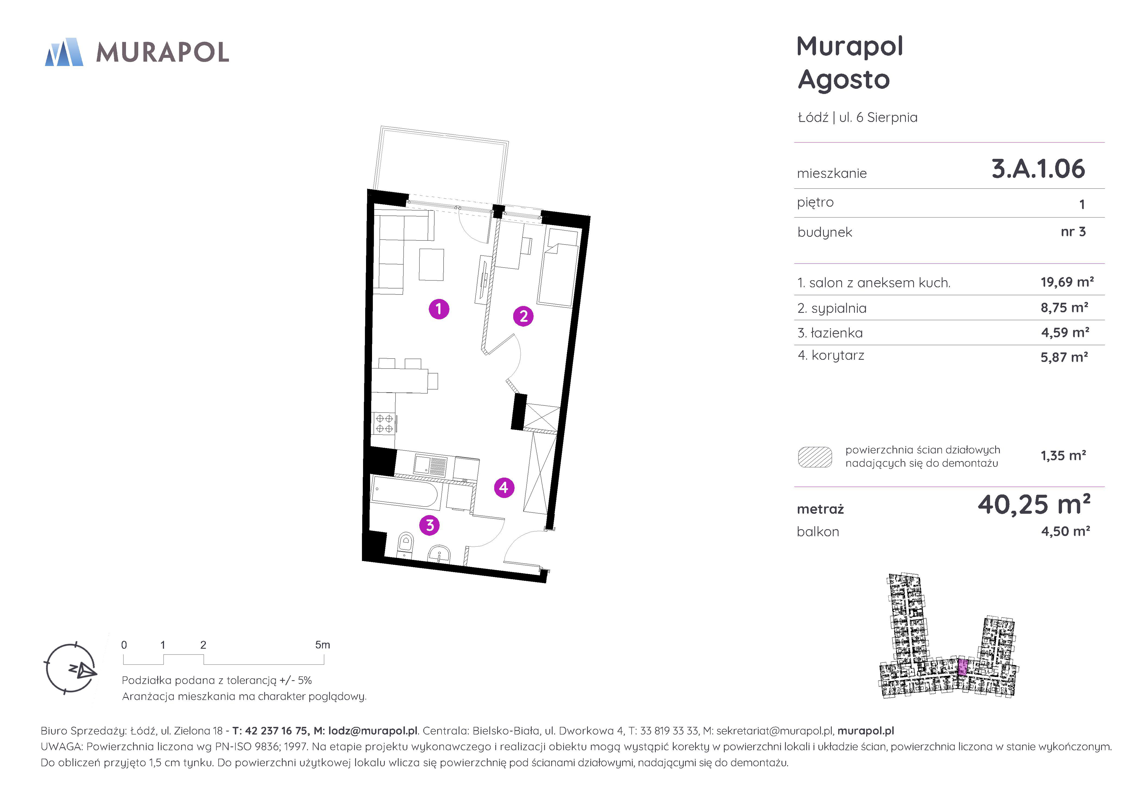 Mieszkanie 40,25 m², piętro 1, oferta nr 3.A.1.06, Murapol Agosto, Łódź, Polesie, Stare Polesie, ul. 6 Sierpnia-idx