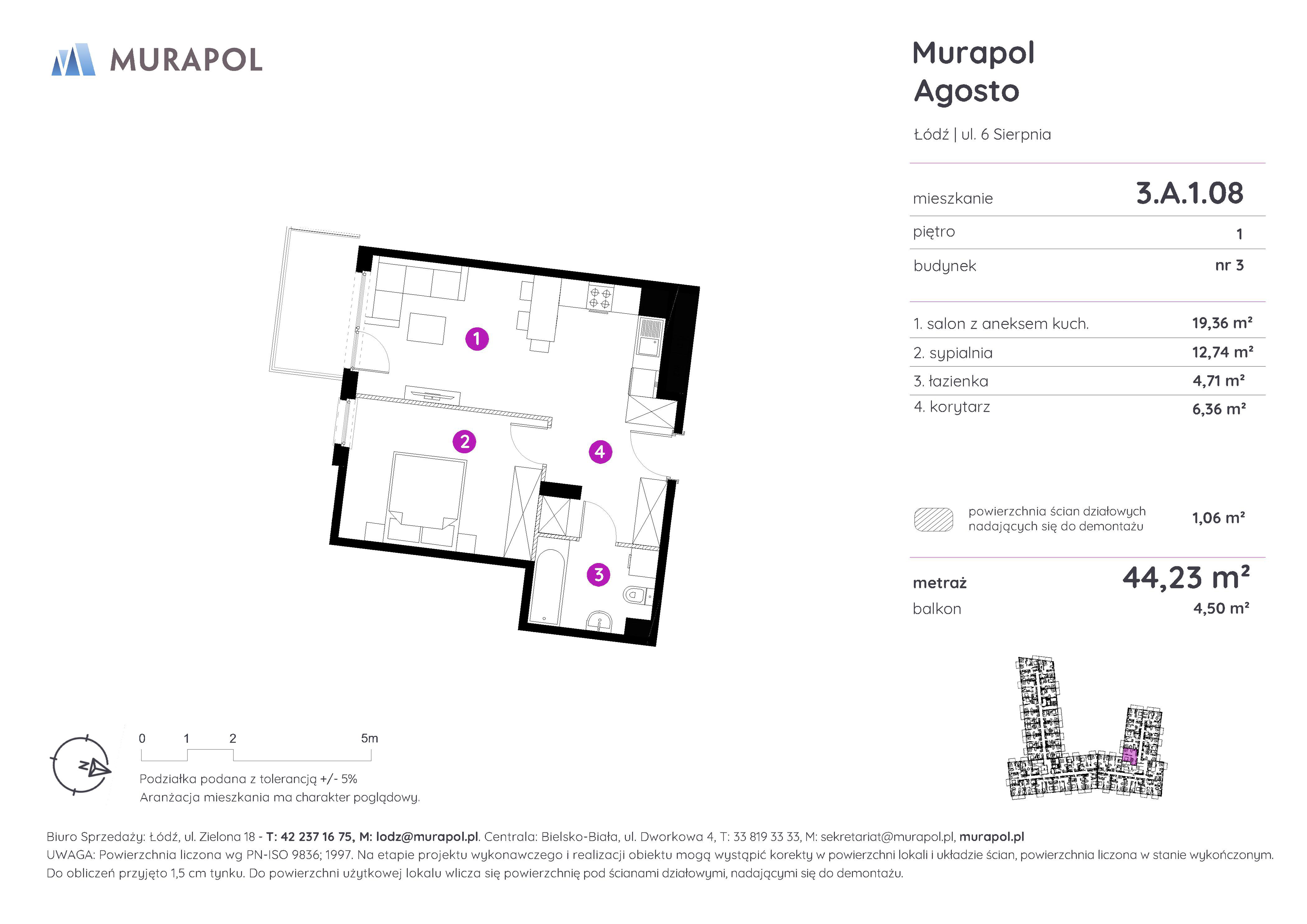 Mieszkanie 44,23 m², piętro 1, oferta nr 3.A.1.08, Murapol Agosto, Łódź, Polesie, Stare Polesie, ul. 6 Sierpnia-idx