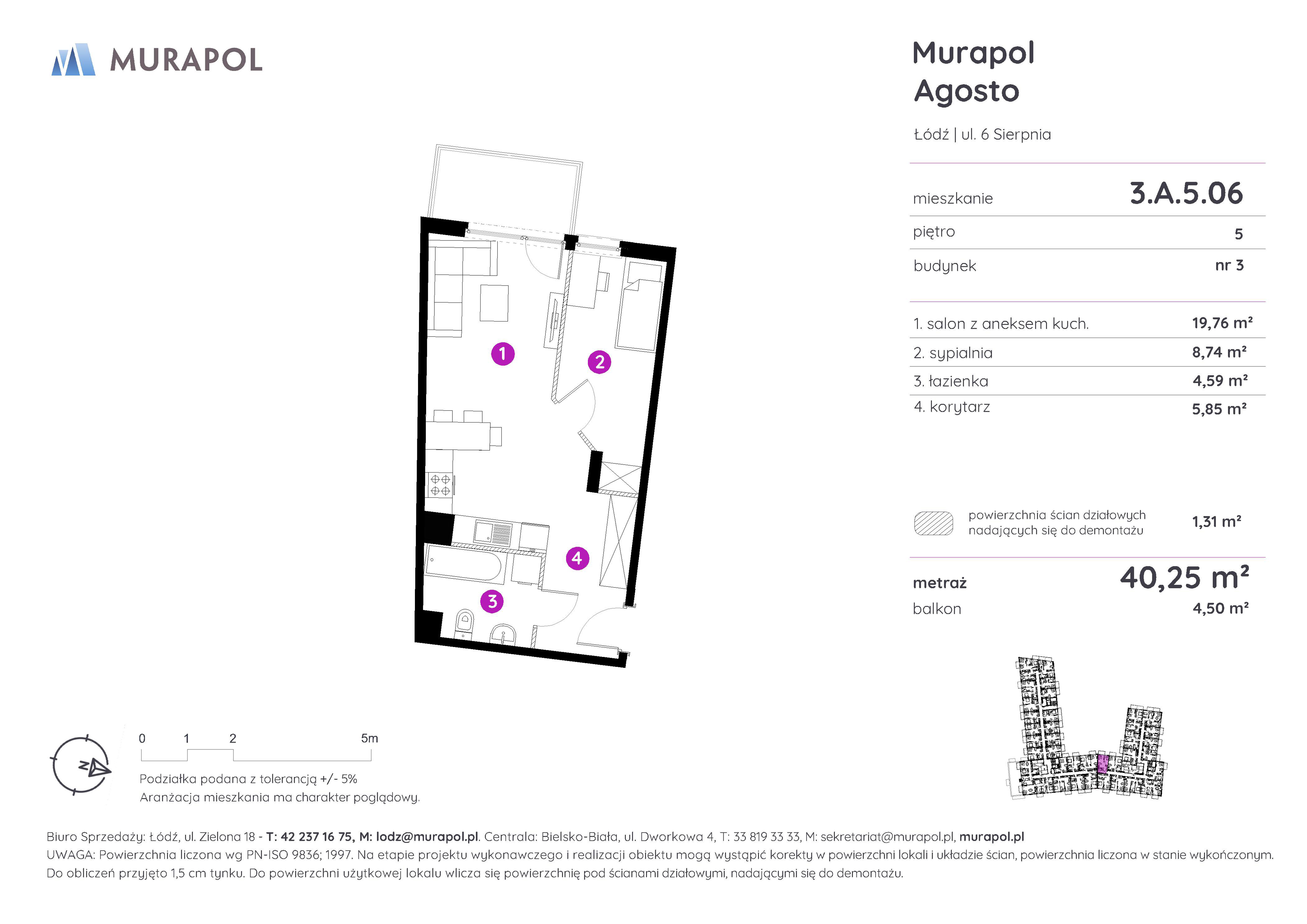 Mieszkanie 40,25 m², piętro 5, oferta nr 3.A.5.06, Murapol Agosto, Łódź, Polesie, Stare Polesie, ul. 6 Sierpnia-idx