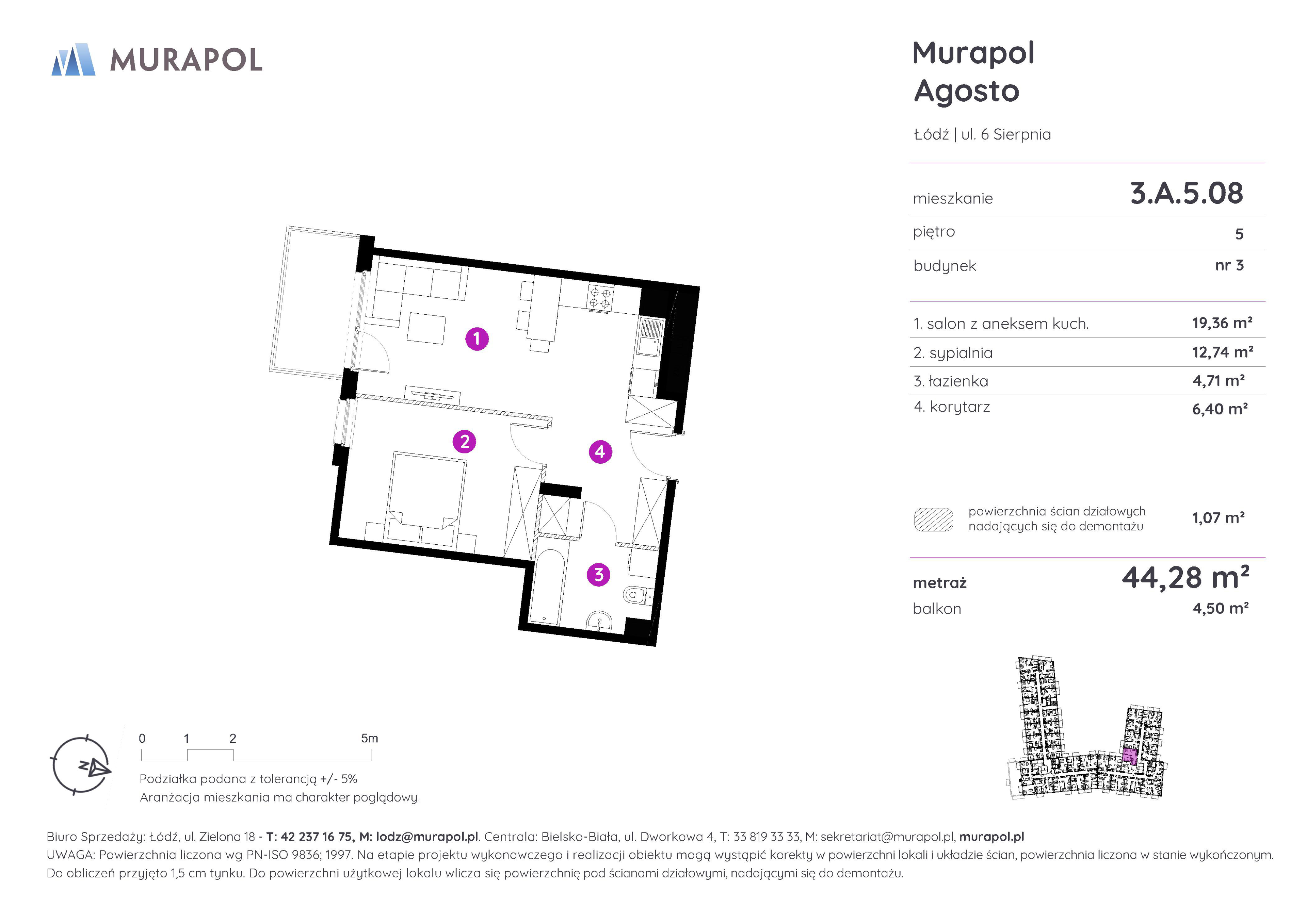 Mieszkanie 44,28 m², piętro 5, oferta nr 3.A.5.08, Murapol Agosto, Łódź, Polesie, Stare Polesie, ul. 6 Sierpnia-idx