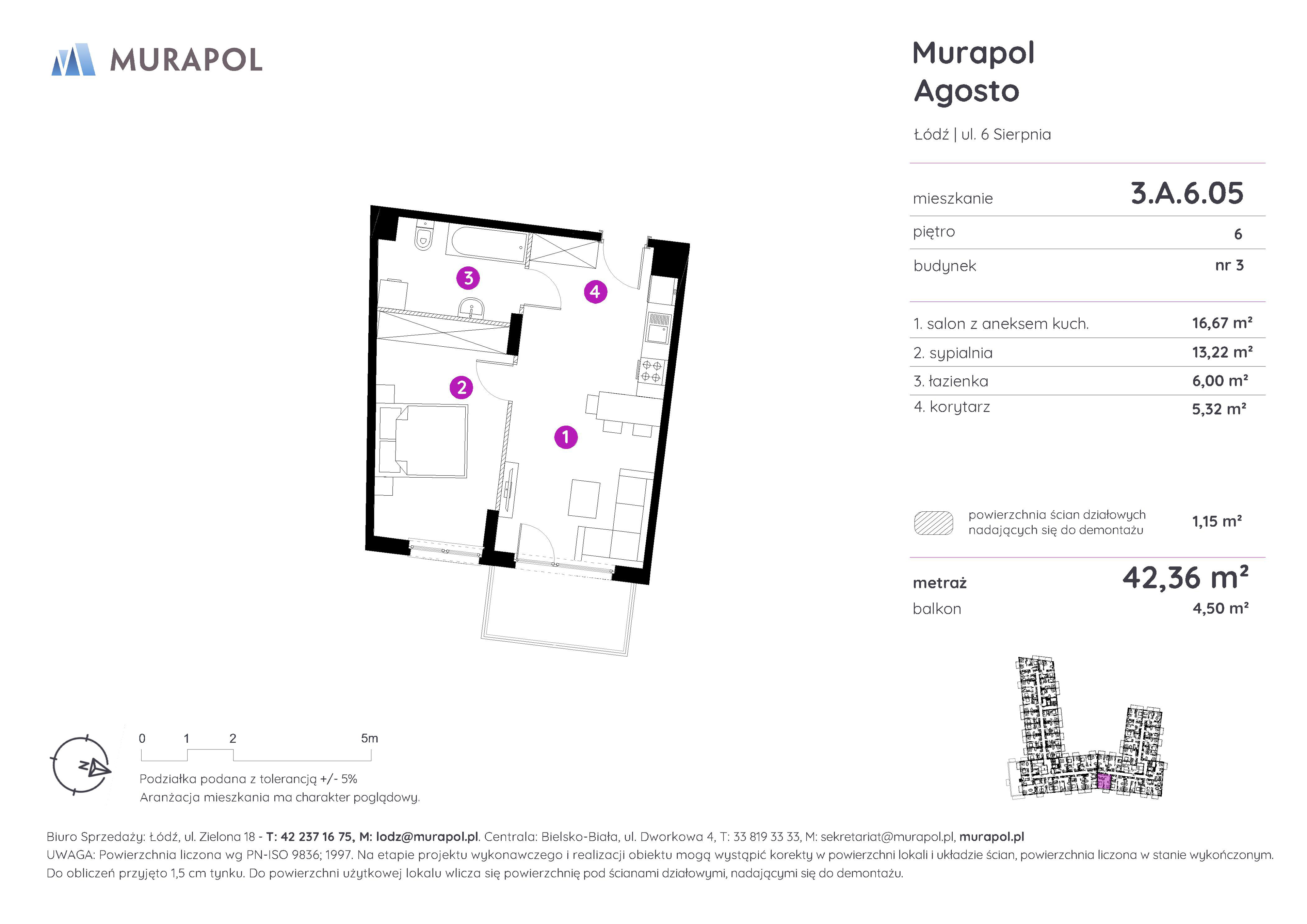 Mieszkanie 42,36 m², piętro 6, oferta nr 3.A.6.05, Murapol Agosto, Łódź, Polesie, Stare Polesie, ul. 6 Sierpnia-idx