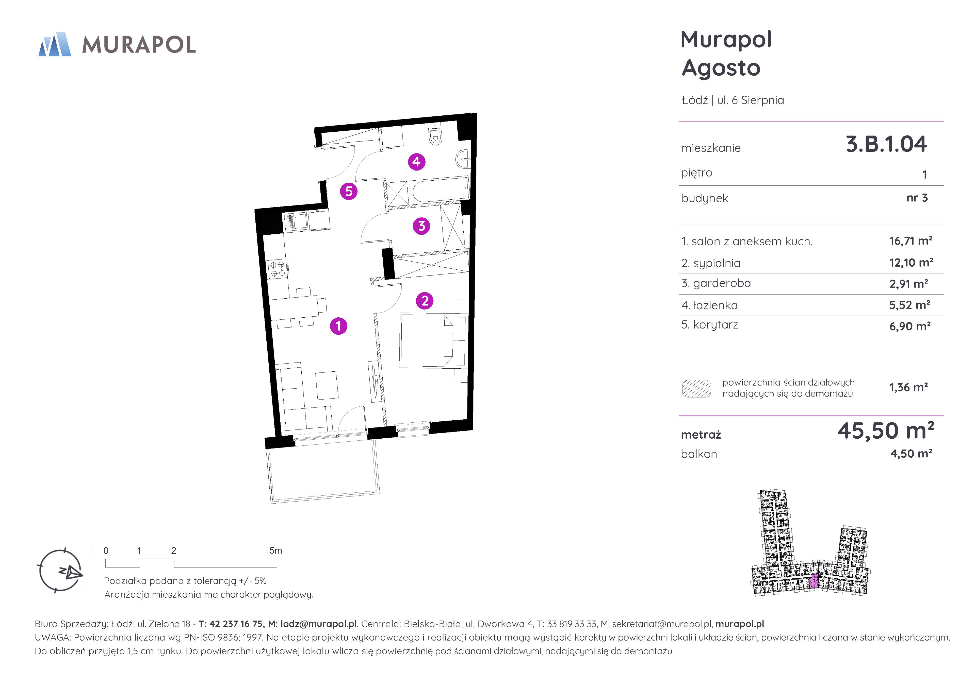 Mieszkanie 45,50 m², piętro 1, oferta nr 3.B.1.04, Murapol Agosto, Łódź, Polesie, Stare Polesie, ul. 6 Sierpnia-idx