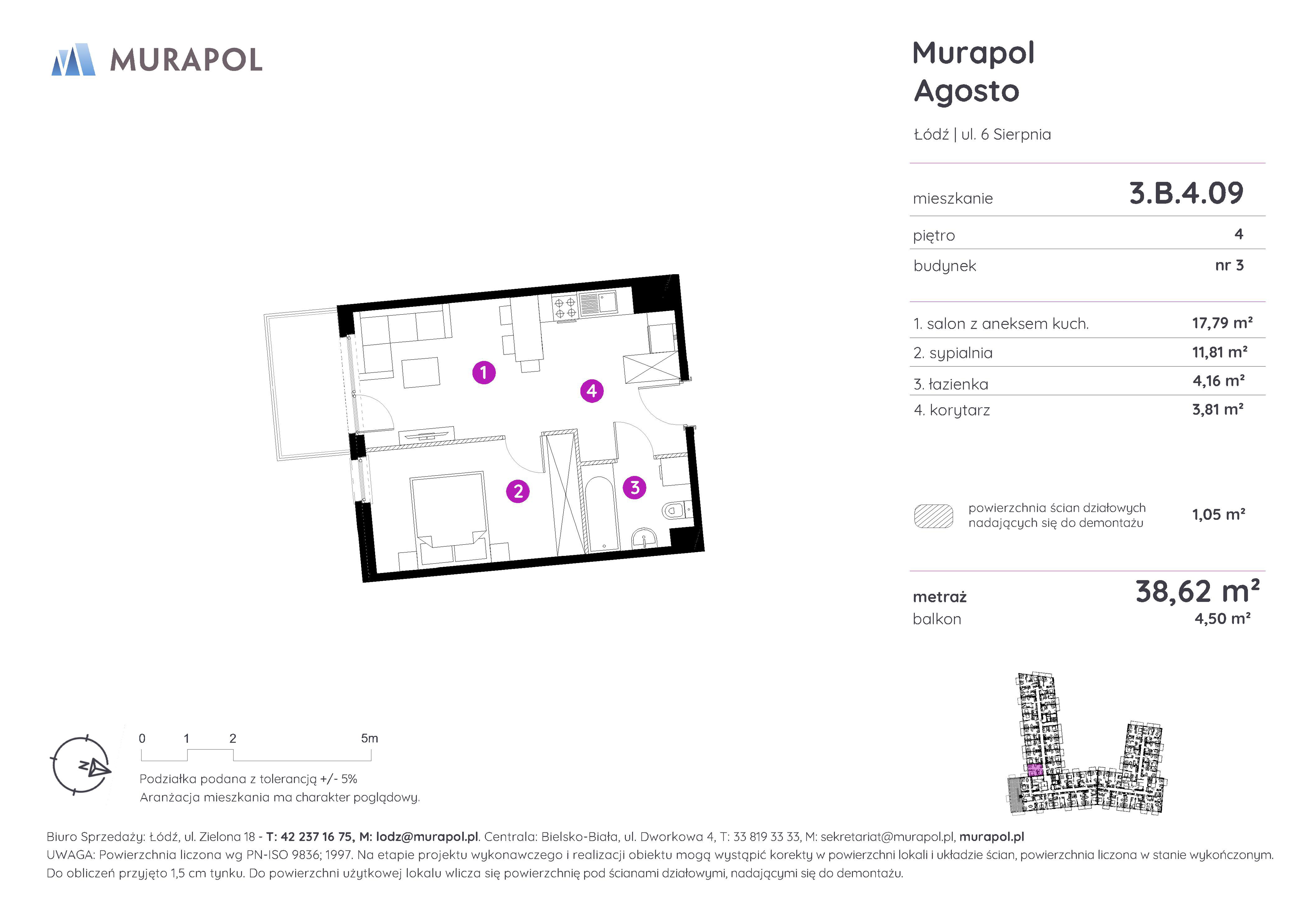 Mieszkanie 38,62 m², piętro 4, oferta nr 3.B.4.09, Murapol Agosto, Łódź, Polesie, Stare Polesie, ul. 6 Sierpnia-idx