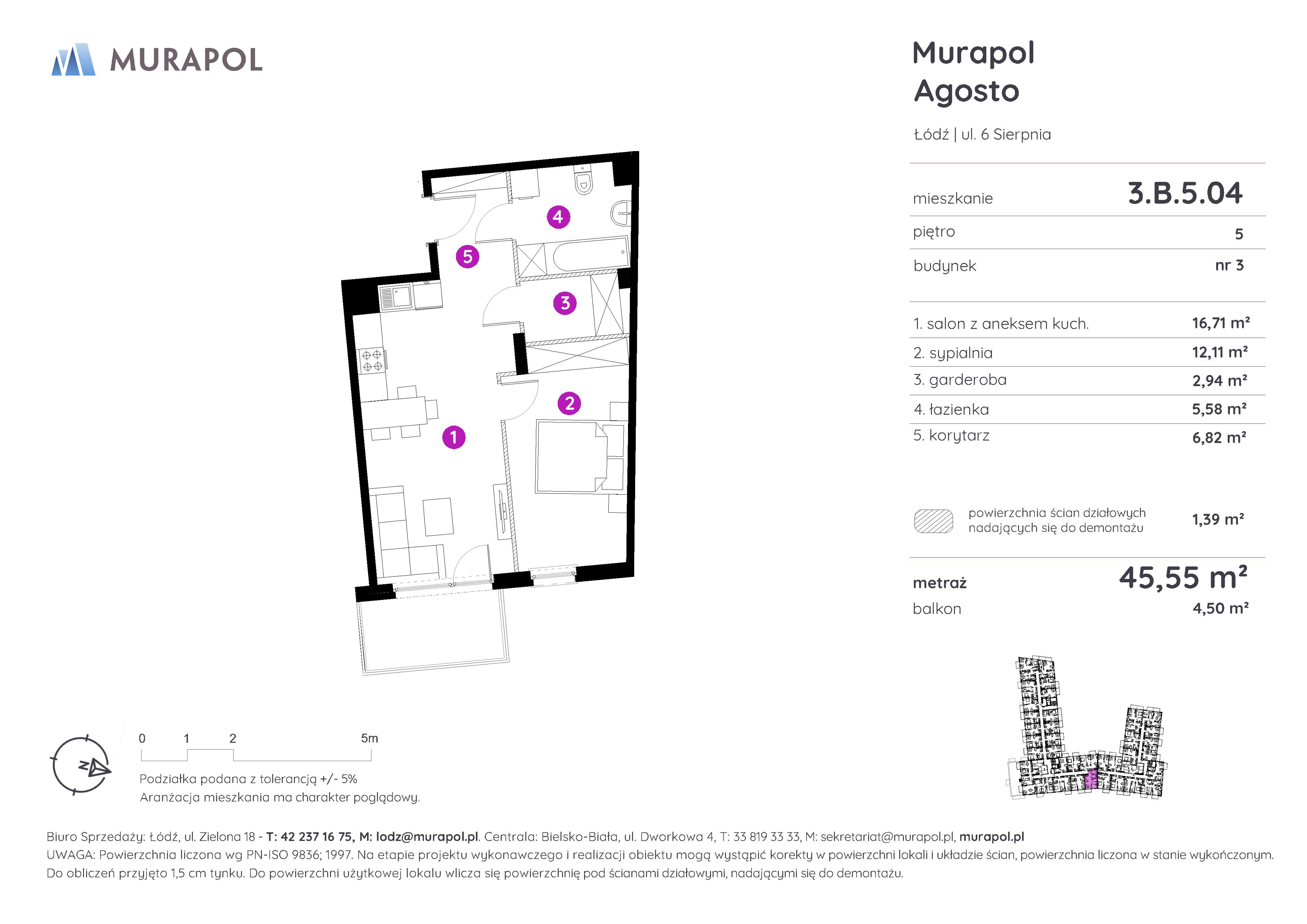 Mieszkanie 45,55 m², piętro 5, oferta nr 3.B.5.04, Murapol Agosto, Łódź, Polesie, Stare Polesie, ul. 6 Sierpnia-idx