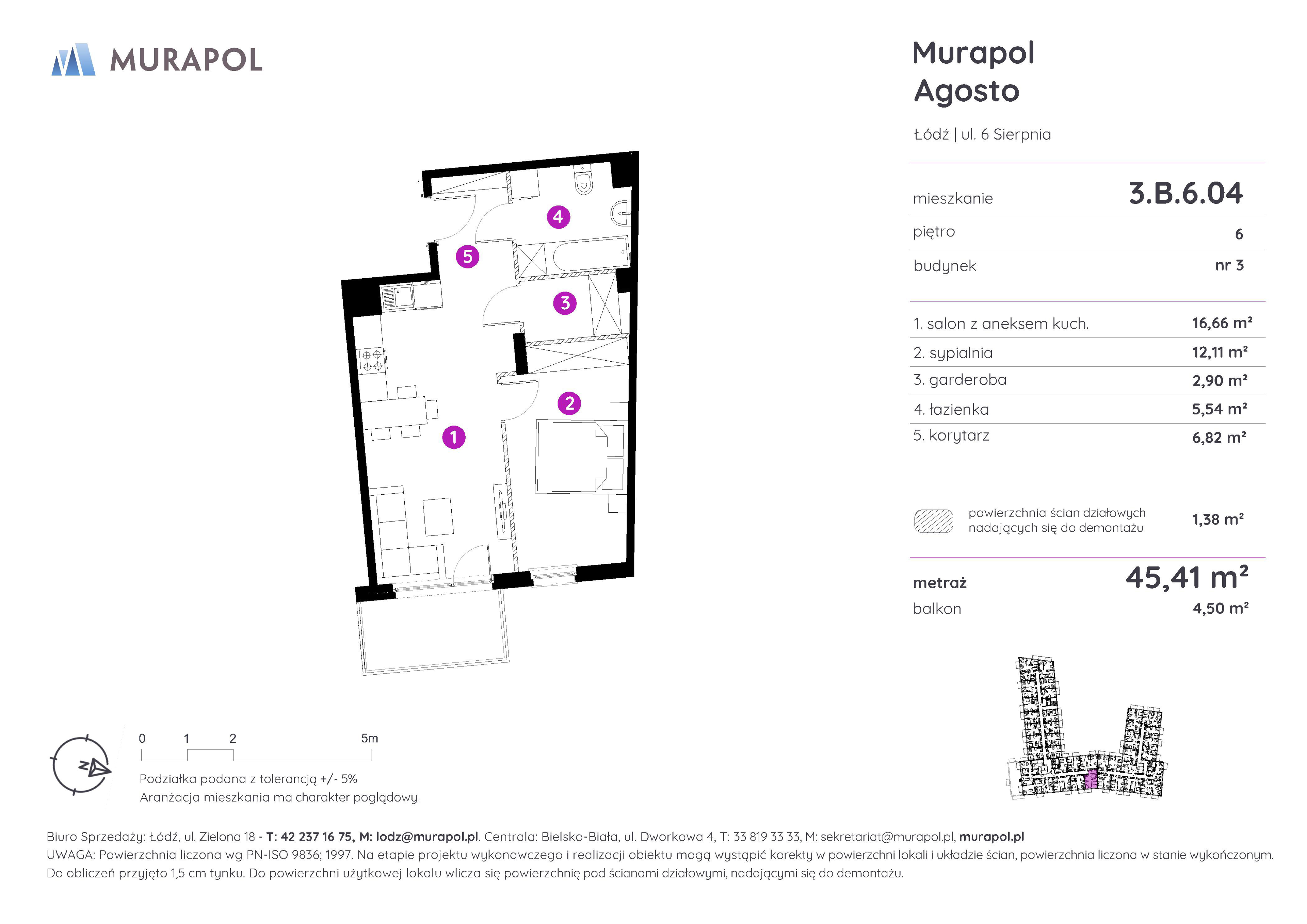 Mieszkanie 45,41 m², piętro 6, oferta nr 3.B.6.04, Murapol Agosto, Łódź, Polesie, Stare Polesie, ul. 6 Sierpnia-idx