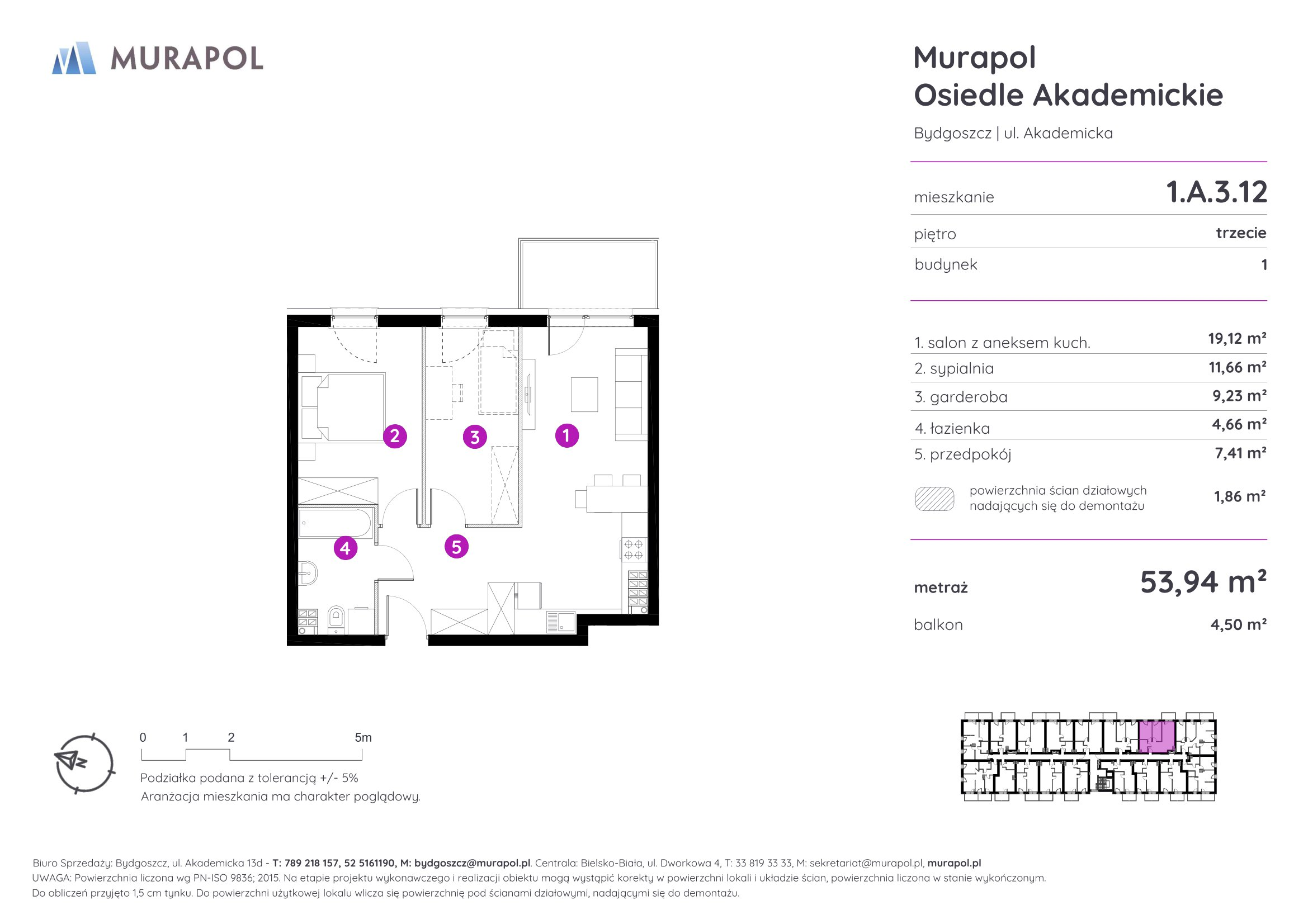 Mieszkanie 53,94 m², piętro 3, oferta nr 1.A.3.12, Murapol Osiedle Akademickie - Gotowe mieszkania, Bydgoszcz, Nowy Fordon, ul. Akademicka-idx