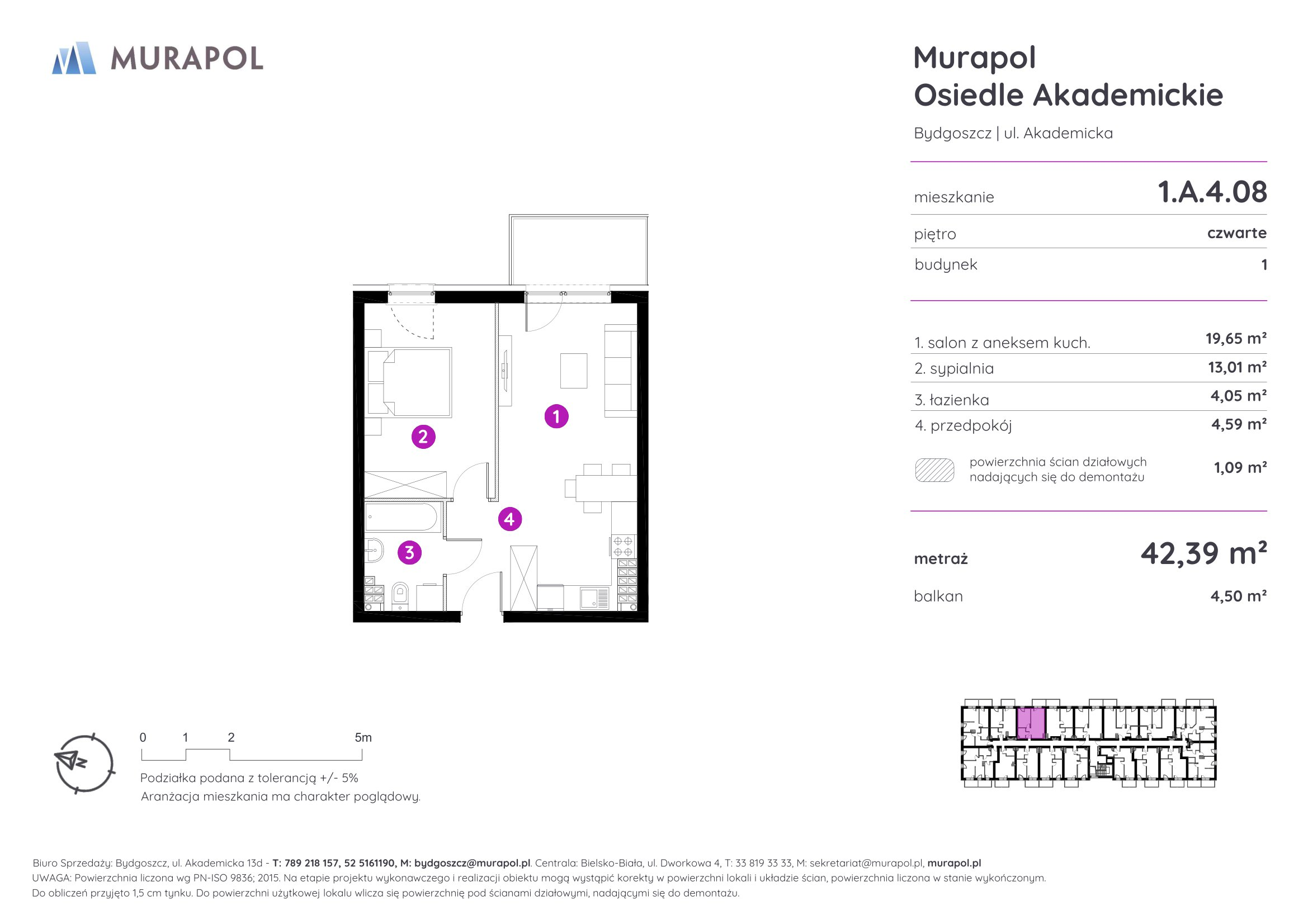 Mieszkanie 42,39 m², piętro 4, oferta nr 1.A.4.08, Murapol Osiedle Akademickie - Gotowe mieszkania, Bydgoszcz, Nowy Fordon, ul. Akademicka-idx