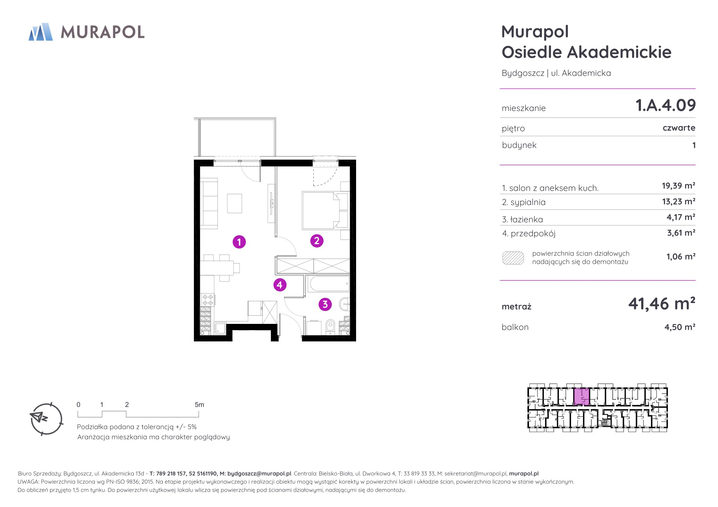 Mieszkanie 41,46 m², piętro 4, oferta nr 1.A.4.09, Murapol Osiedle Akademickie - Gotowe mieszkania, Bydgoszcz, Nowy Fordon, ul. Akademicka-idx