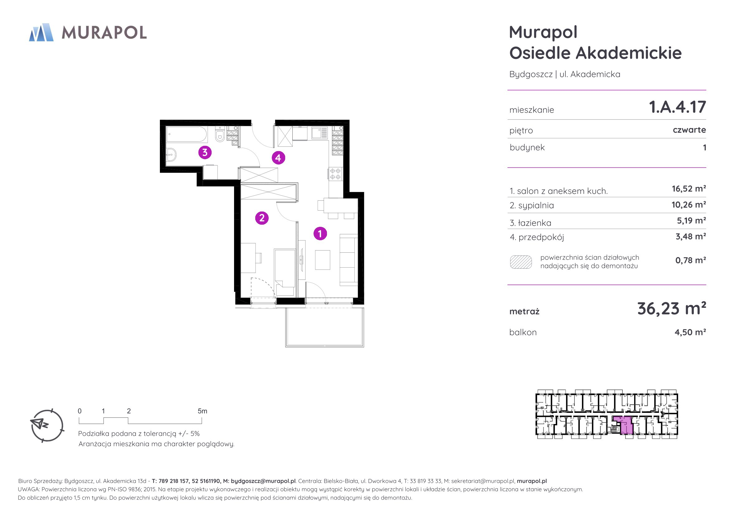 Mieszkanie 36,23 m², piętro 4, oferta nr 1.A.4.17, Murapol Osiedle Akademickie - Gotowe mieszkania, Bydgoszcz, Nowy Fordon, ul. Akademicka-idx