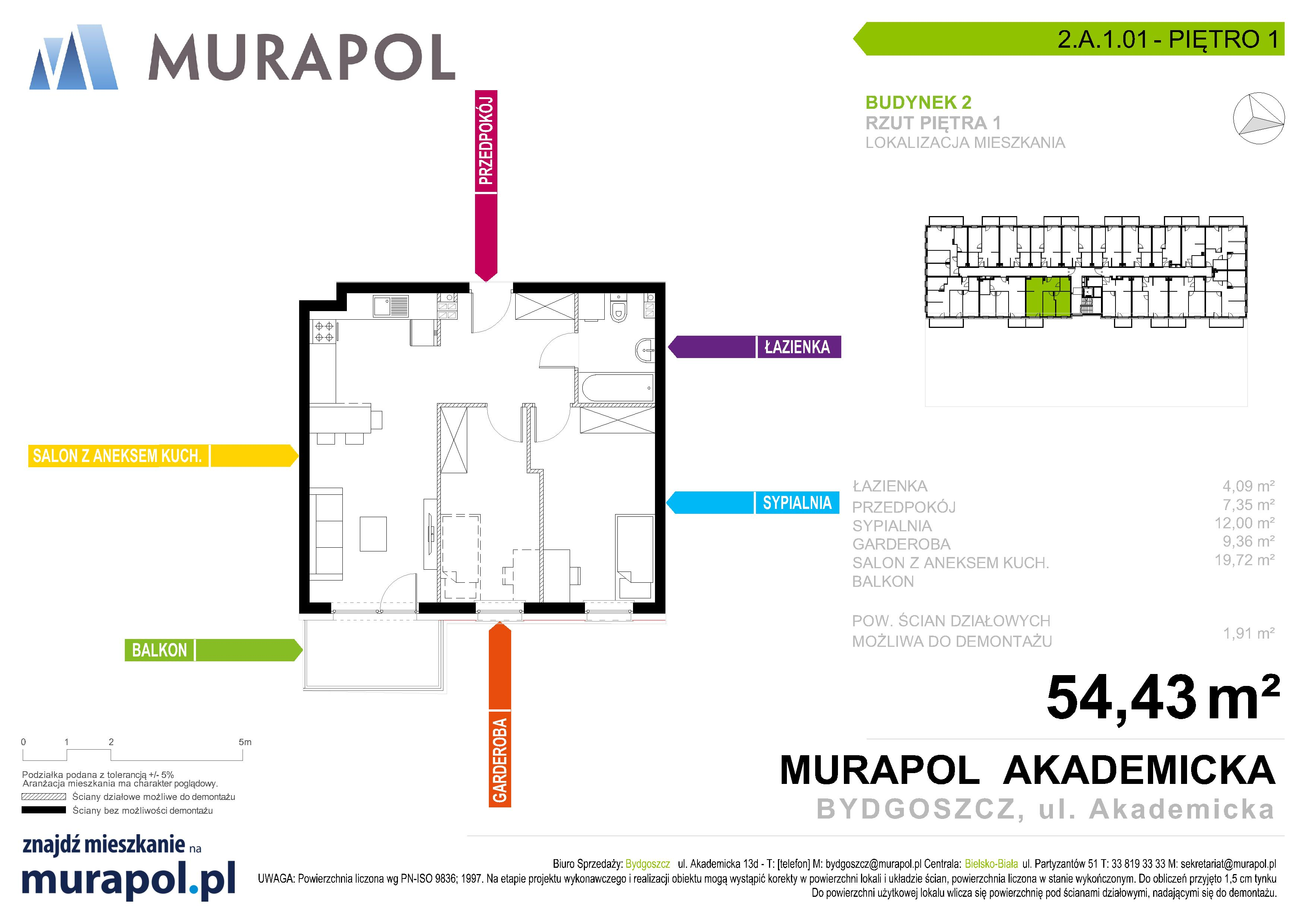 Mieszkanie 54,43 m², piętro 1, oferta nr 2.A.1.01, Murapol Osiedle Akademickie - Gotowe mieszkania, Bydgoszcz, Nowy Fordon, ul. Akademicka-idx