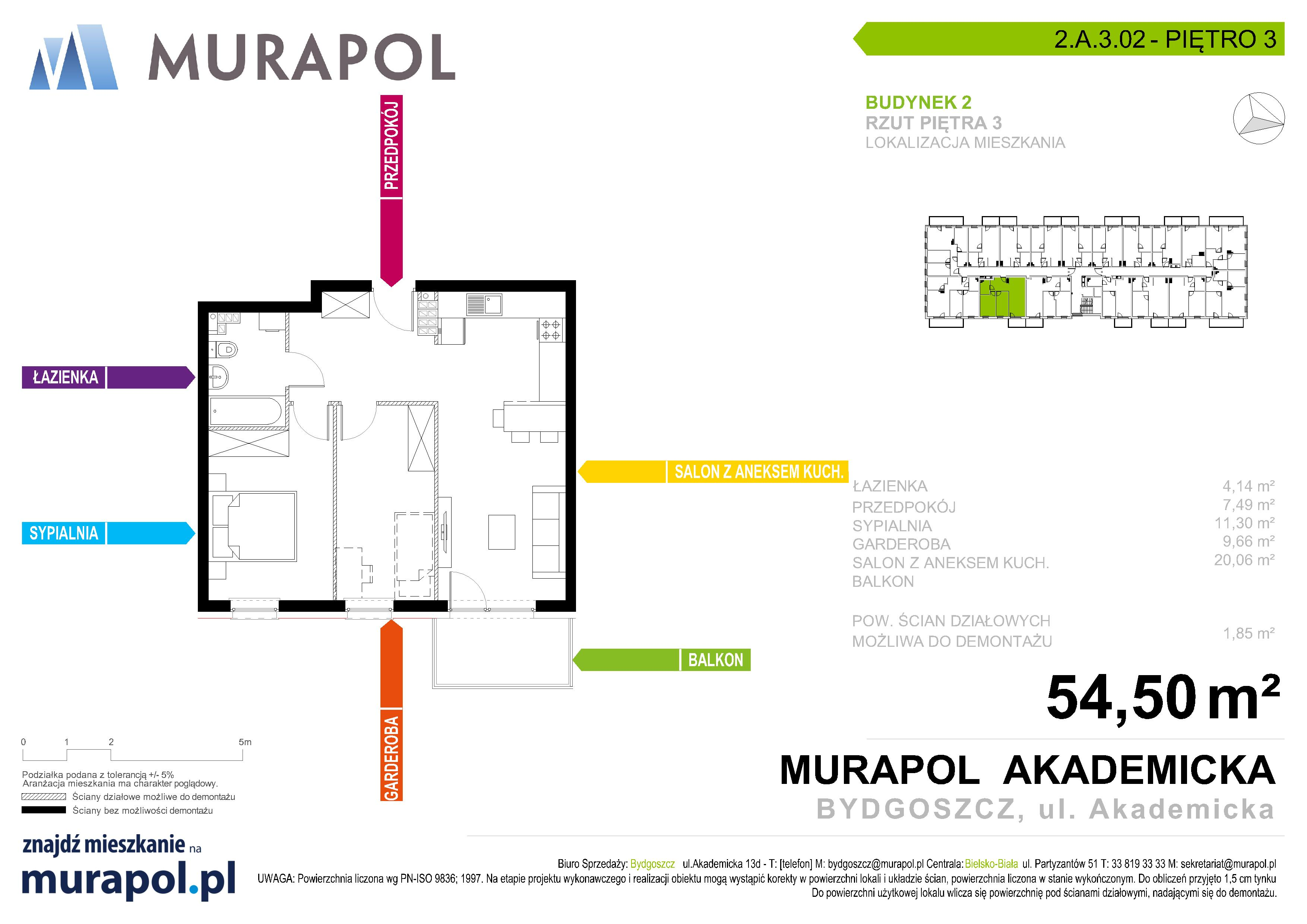 Mieszkanie 54,50 m², piętro 3, oferta nr 2.A.3.02, Murapol Osiedle Akademickie - Gotowe mieszkania, Bydgoszcz, Nowy Fordon, ul. Akademicka-idx