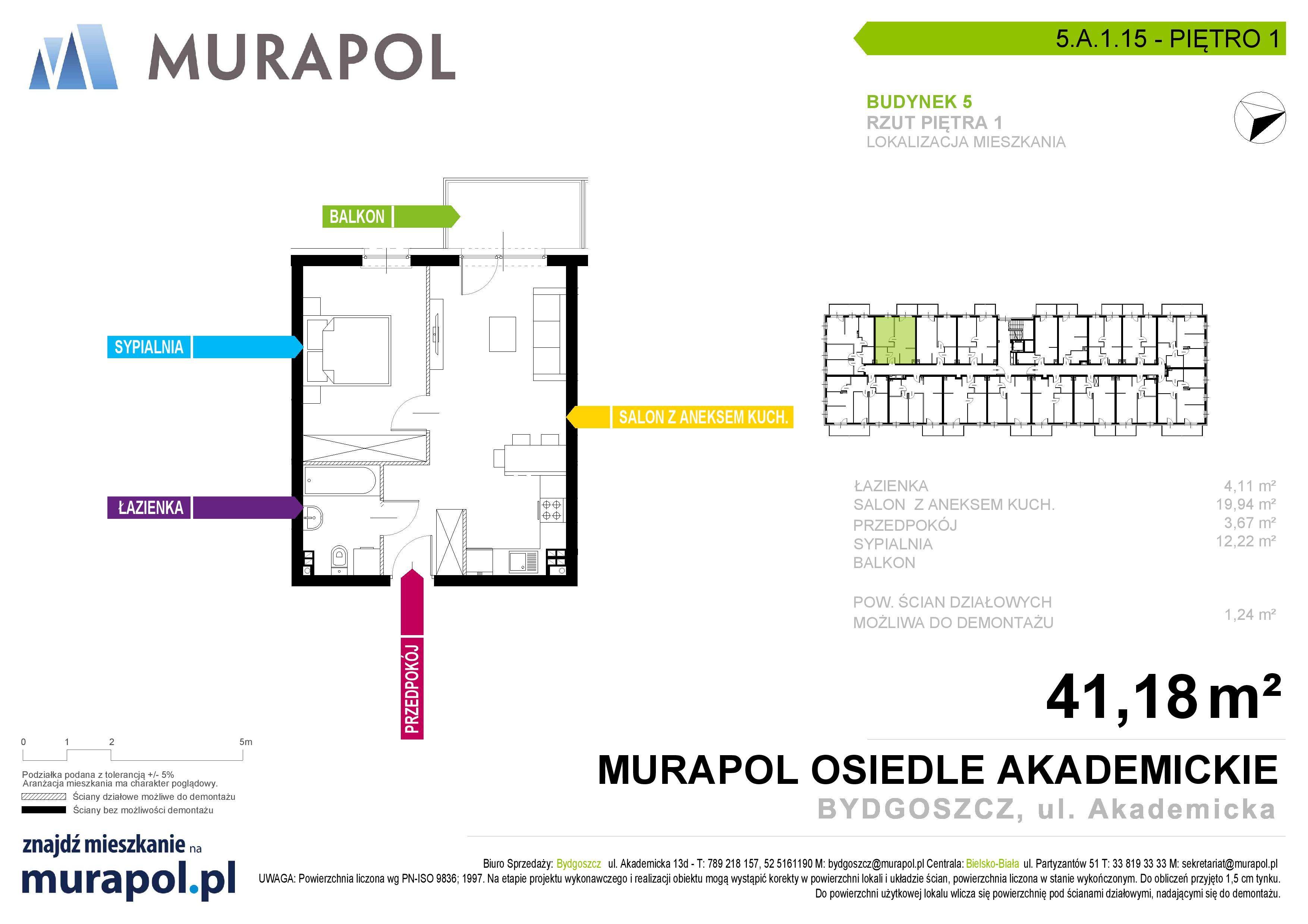 Mieszkanie 41,18 m², piętro 1, oferta nr 5.A.1.15, Murapol Osiedle Akademickie - Gotowe mieszkania, Bydgoszcz, Nowy Fordon, ul. Akademicka-idx