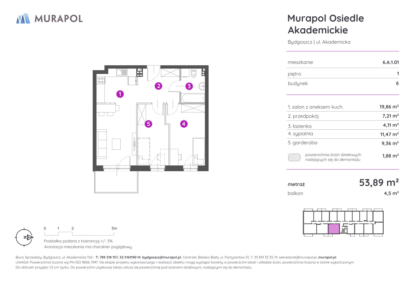 Mieszkanie 53,89 m², piętro 1, oferta nr 6.A.1.01, Murapol Osiedle Akademickie - Gotowe mieszkania, Bydgoszcz, Nowy Fordon, ul. Akademicka-idx