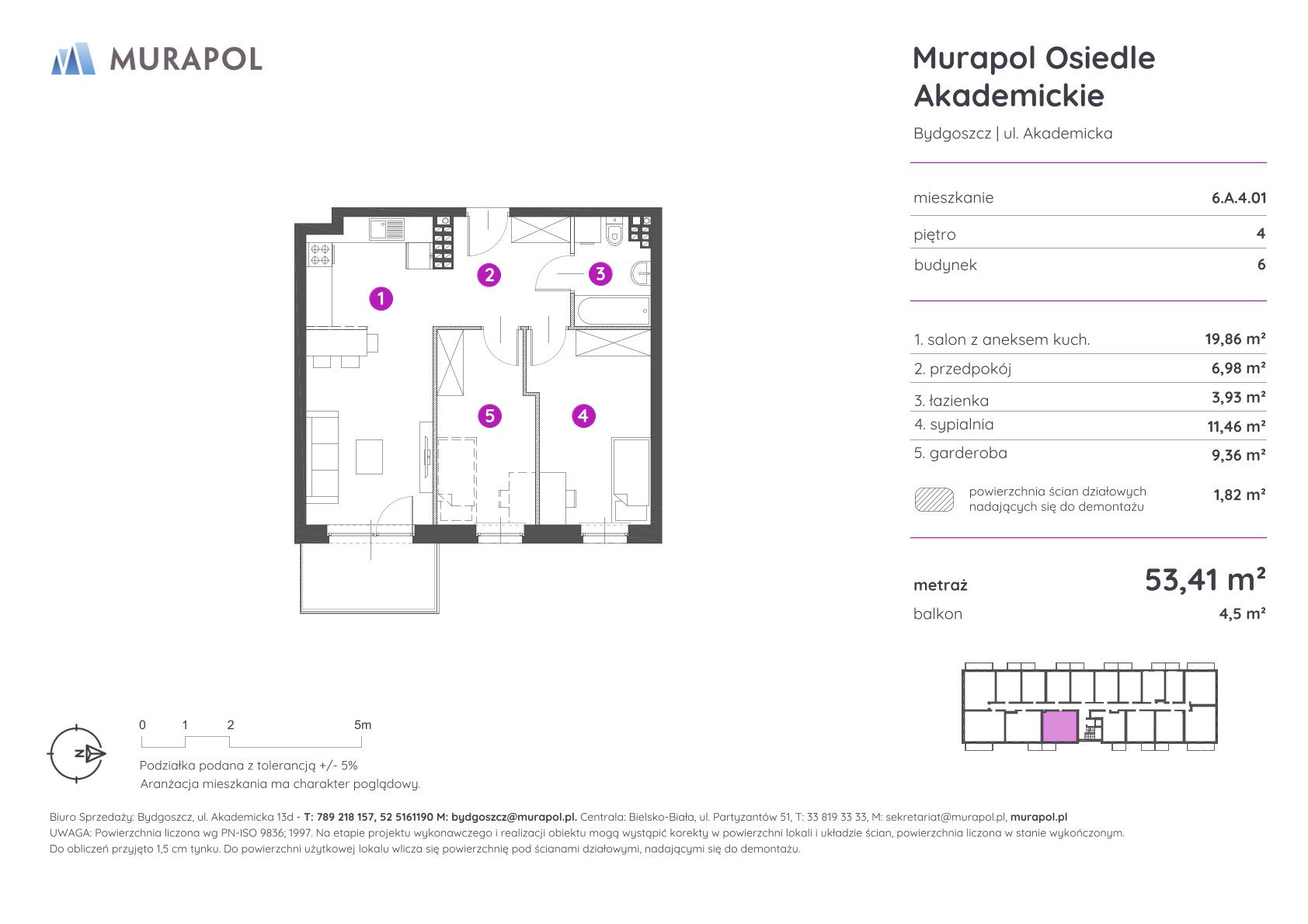 Mieszkanie 53,41 m², piętro 4, oferta nr 6.A.4.01, Murapol Osiedle Akademickie - Gotowe mieszkania, Bydgoszcz, Nowy Fordon, ul. Akademicka-idx