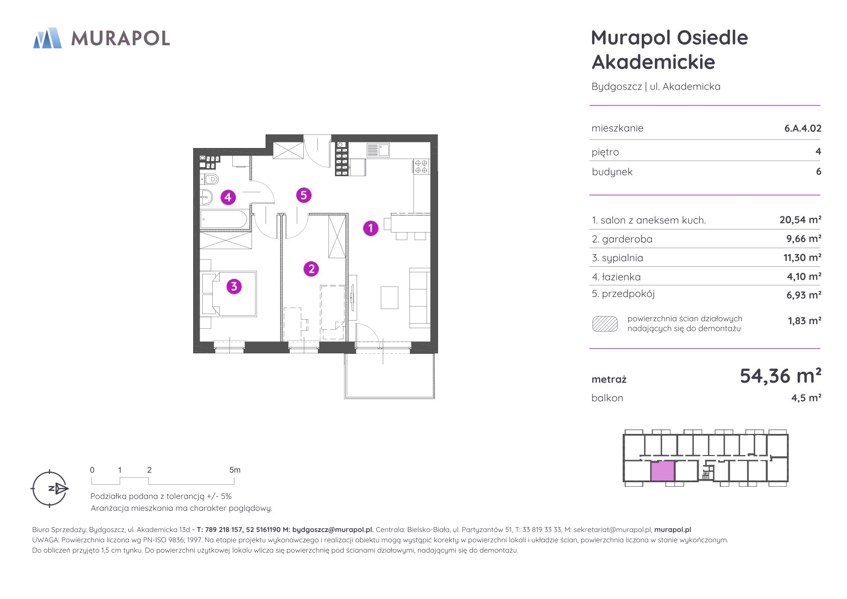 Mieszkanie 54,36 m², piętro 4, oferta nr 6.A.4.02, Murapol Osiedle Akademickie - Gotowe mieszkania, Bydgoszcz, Nowy Fordon, ul. Akademicka-idx