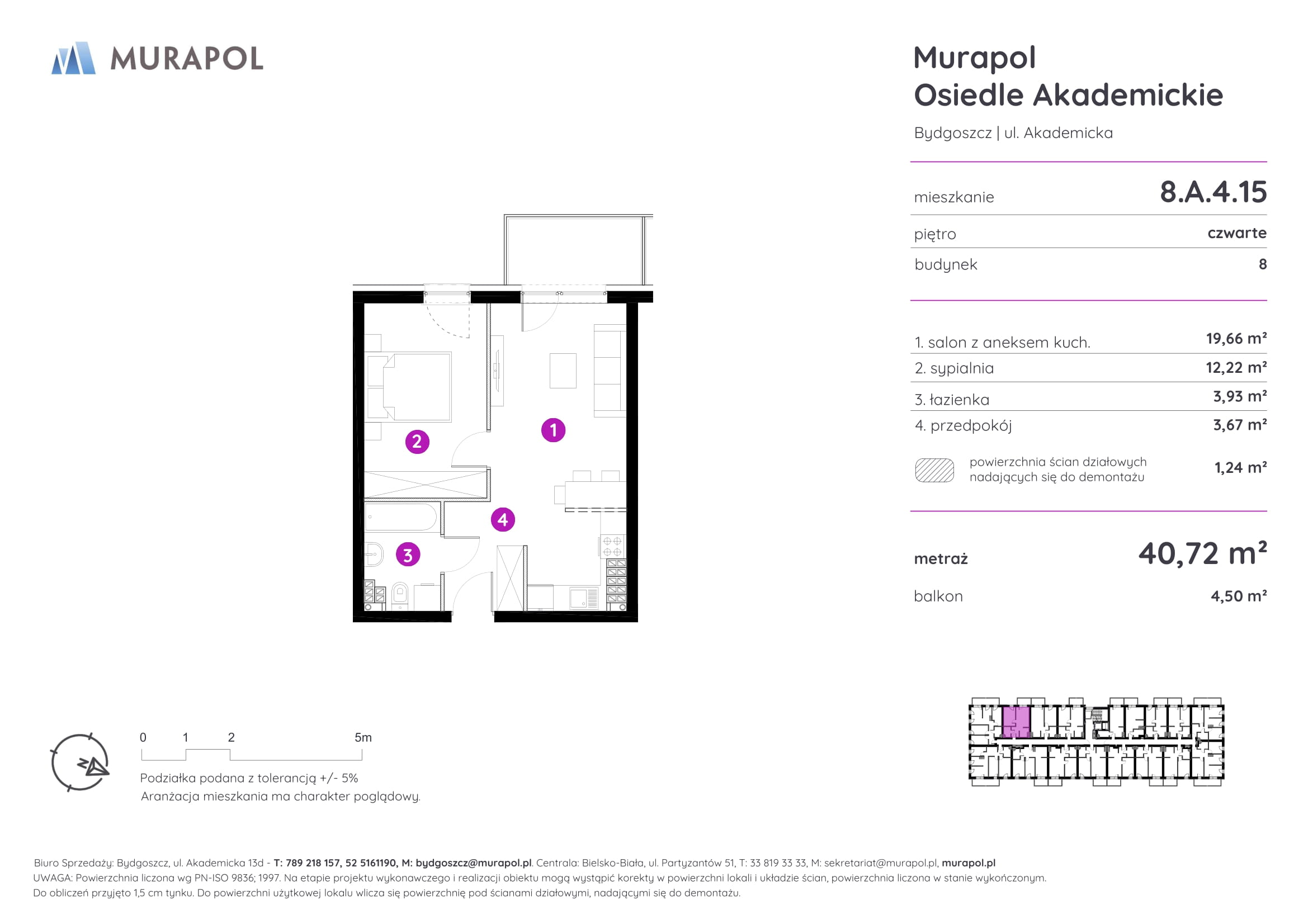 Mieszkanie 40,72 m², piętro 4, oferta nr 8.A.4.15, Murapol Osiedle Akademickie - Gotowe mieszkania, Bydgoszcz, Nowy Fordon, ul. Akademicka-idx