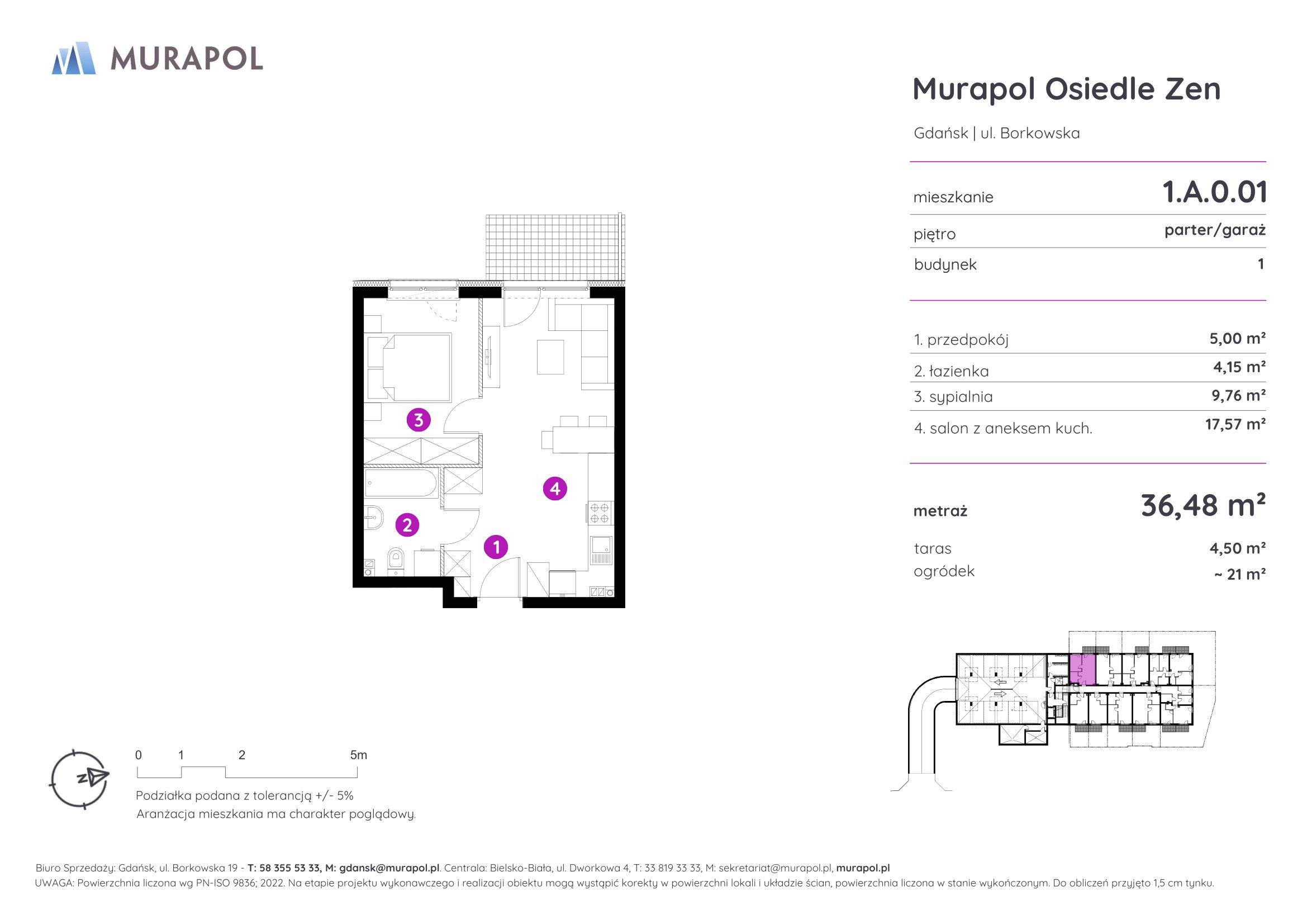 Mieszkanie 36,48 m², parter, oferta nr 1.A.0.01, Murapol Osiedle Zen, Gdańsk, Orunia Górna-Gdańsk Południe, Maćkowy, ul. Borkowska-idx