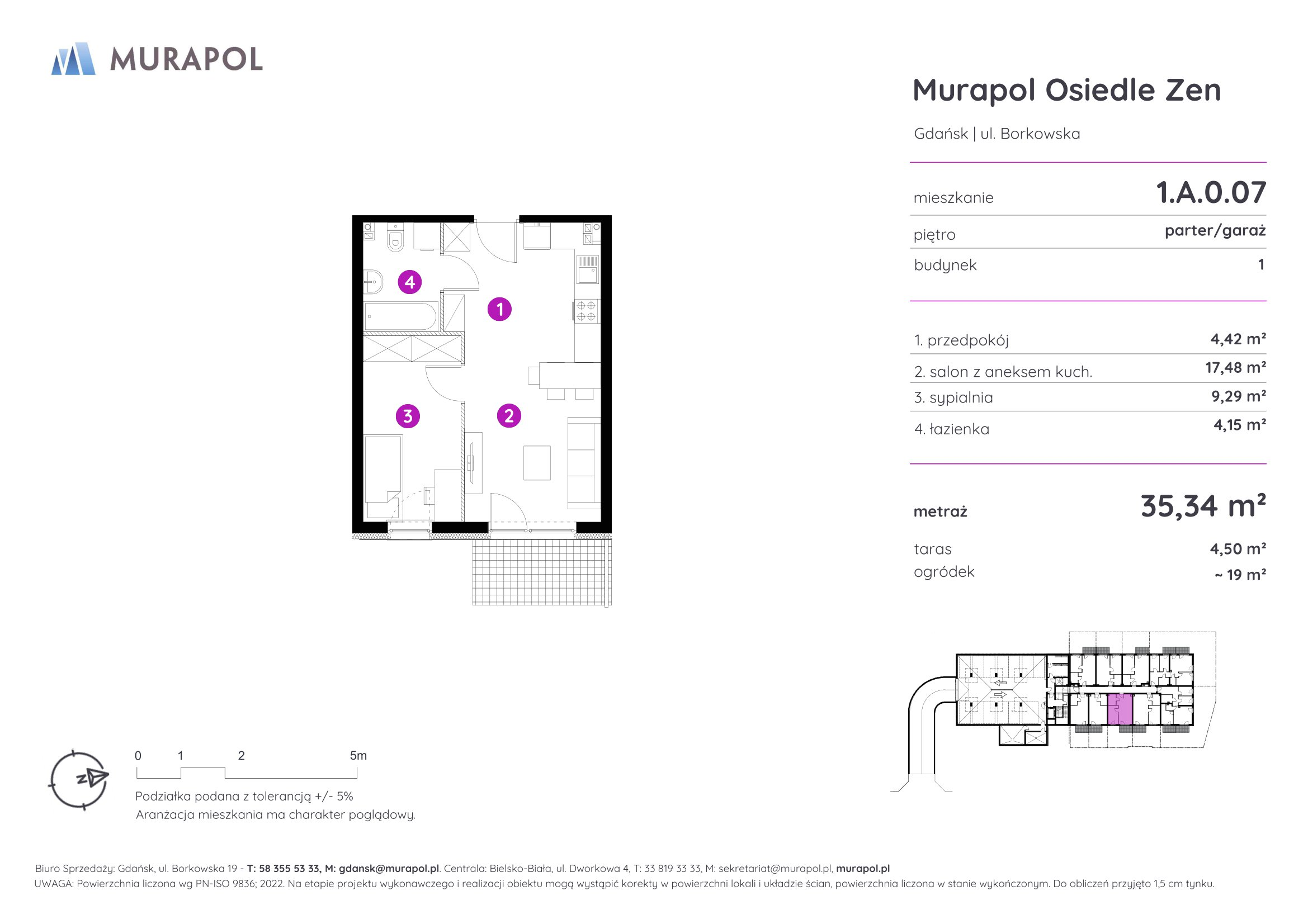 Mieszkanie 35,34 m², parter, oferta nr 1.A.0.07, Murapol Osiedle Zen, Gdańsk, Orunia Górna-Gdańsk Południe, Maćkowy, ul. Borkowska-idx