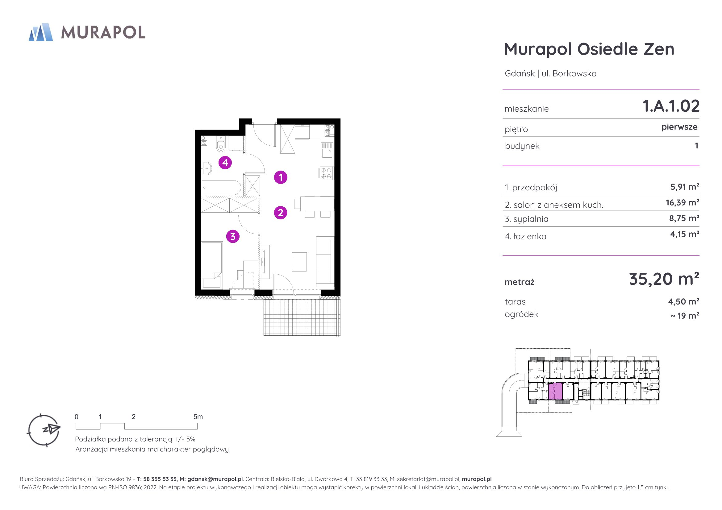 Mieszkanie 35,20 m², piętro 1, oferta nr 1.A.1.02, Murapol Osiedle Zen, Gdańsk, Orunia Górna-Gdańsk Południe, Maćkowy, ul. Borkowska-idx