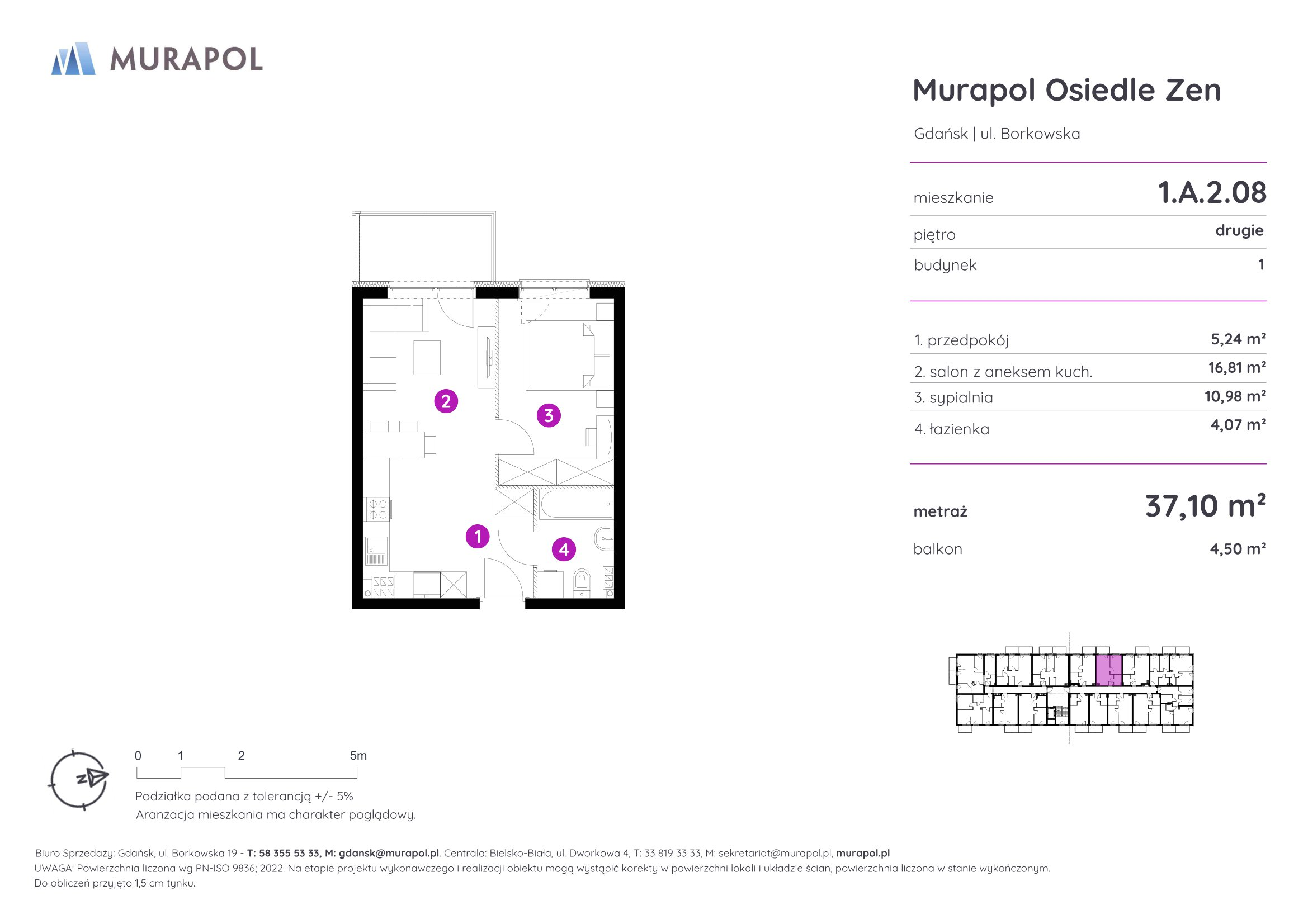 Mieszkanie 37,10 m², piętro 2, oferta nr 1.A.2.08, Murapol Osiedle Zen, Gdańsk, Orunia Górna-Gdańsk Południe, Maćkowy, ul. Borkowska-idx