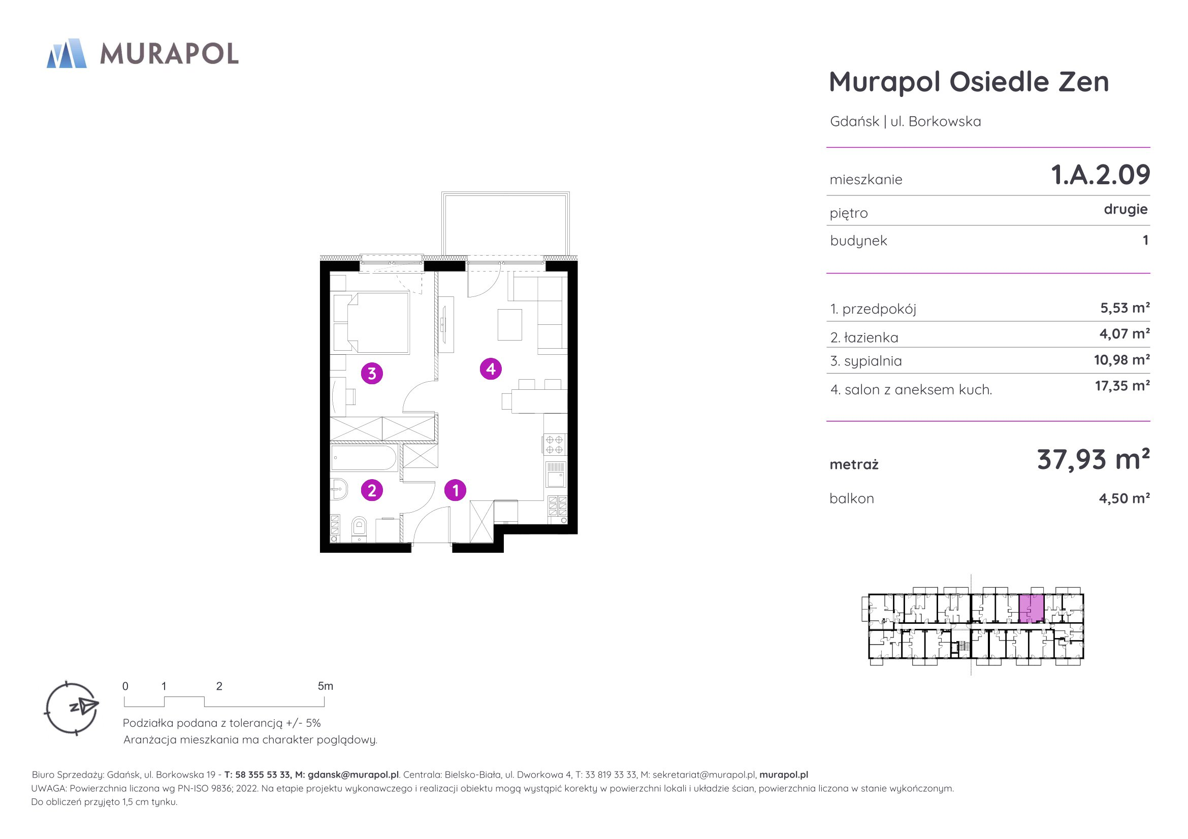 Mieszkanie 37,93 m², piętro 2, oferta nr 1.A.2.09, Murapol Osiedle Zen, Gdańsk, Orunia Górna-Gdańsk Południe, Maćkowy, ul. Borkowska-idx