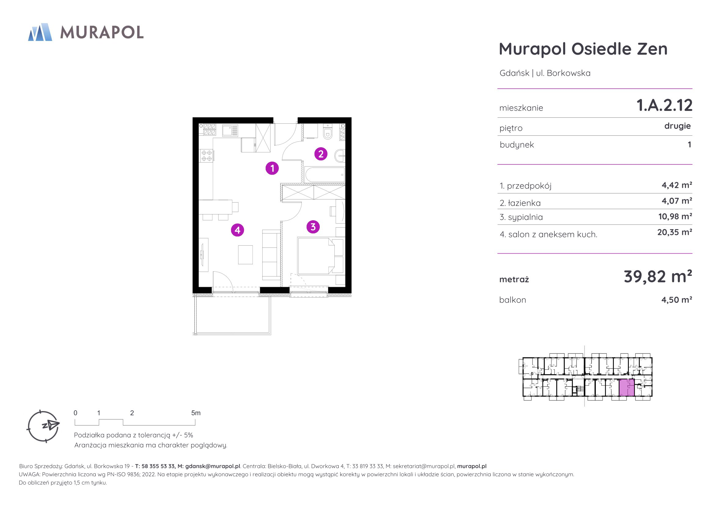 Mieszkanie 39,82 m², piętro 2, oferta nr 1.A.2.12, Murapol Osiedle Zen, Gdańsk, Orunia Górna-Gdańsk Południe, Maćkowy, ul. Borkowska-idx