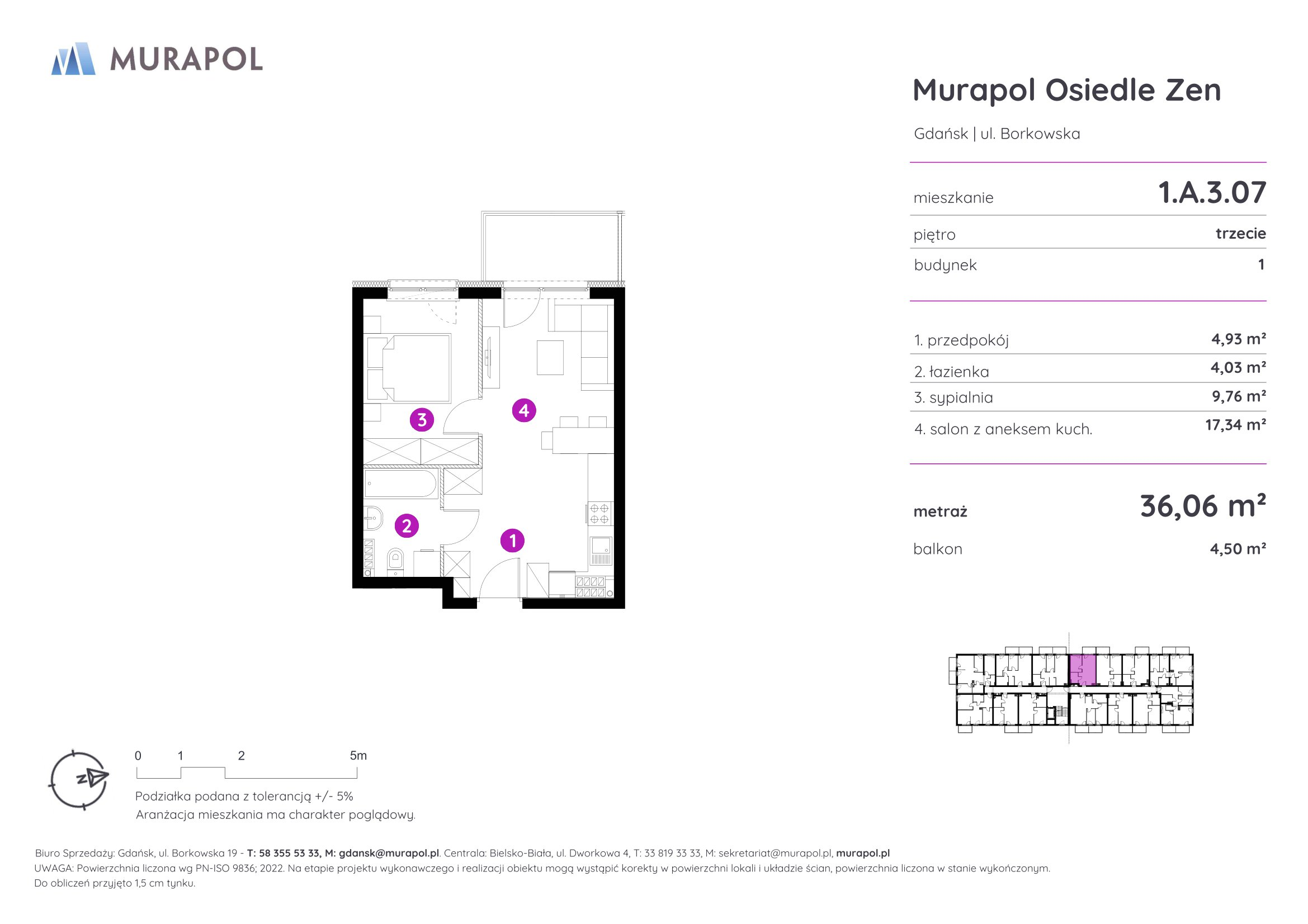 Mieszkanie 36,06 m², piętro 3, oferta nr 1.A.3.07, Murapol Osiedle Zen, Gdańsk, Orunia Górna-Gdańsk Południe, Maćkowy, ul. Borkowska-idx