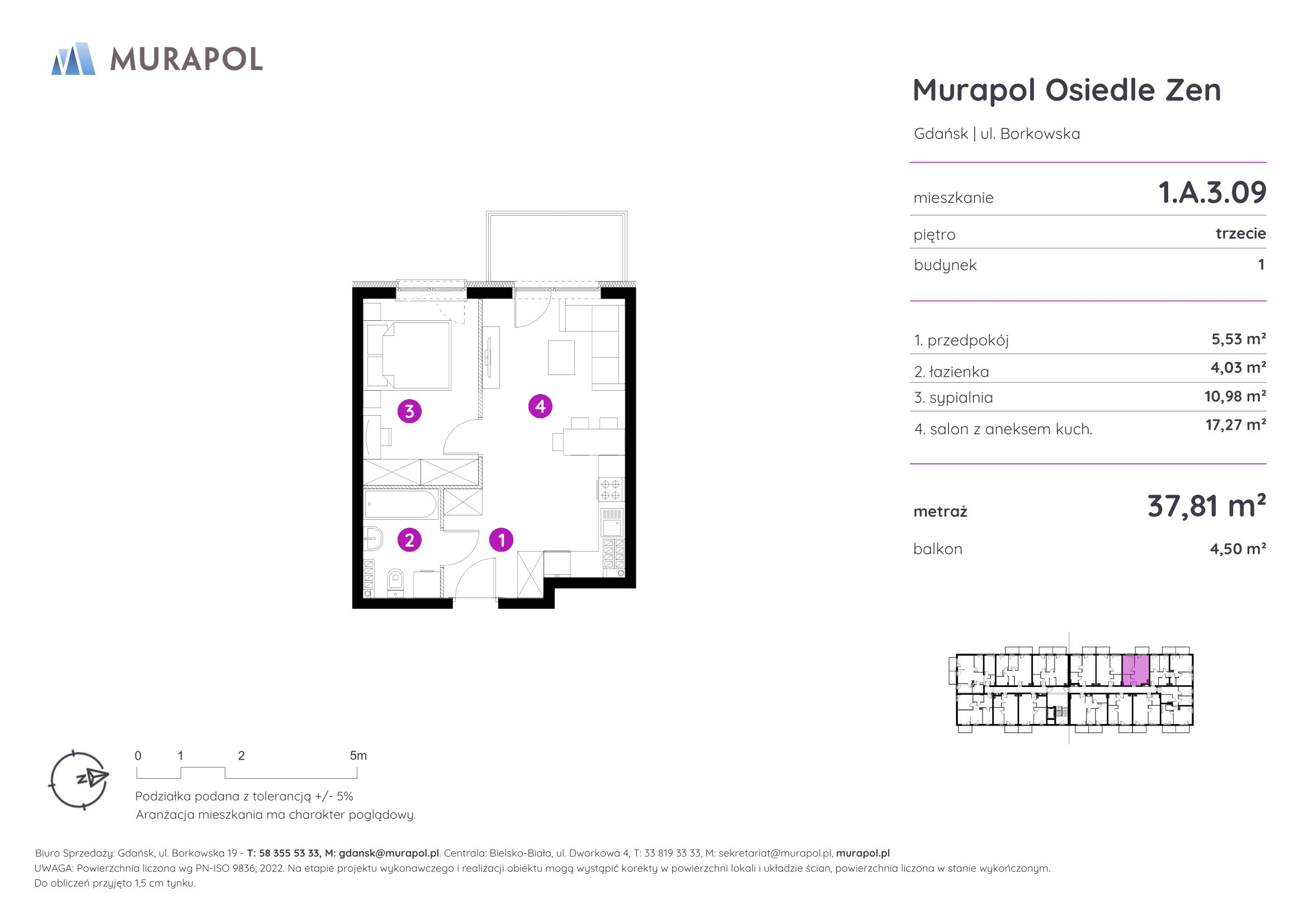 Mieszkanie 37,81 m², piętro 3, oferta nr 1.A.3.09, Murapol Osiedle Zen, Gdańsk, Orunia Górna-Gdańsk Południe, Maćkowy, ul. Borkowska-idx