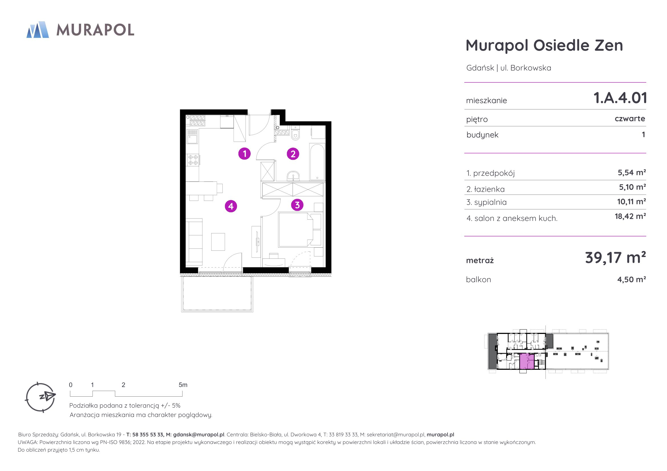 Mieszkanie 39,17 m², piętro 4, oferta nr 1.A.4.01, Murapol Osiedle Zen, Gdańsk, Orunia Górna-Gdańsk Południe, Maćkowy, ul. Borkowska-idx