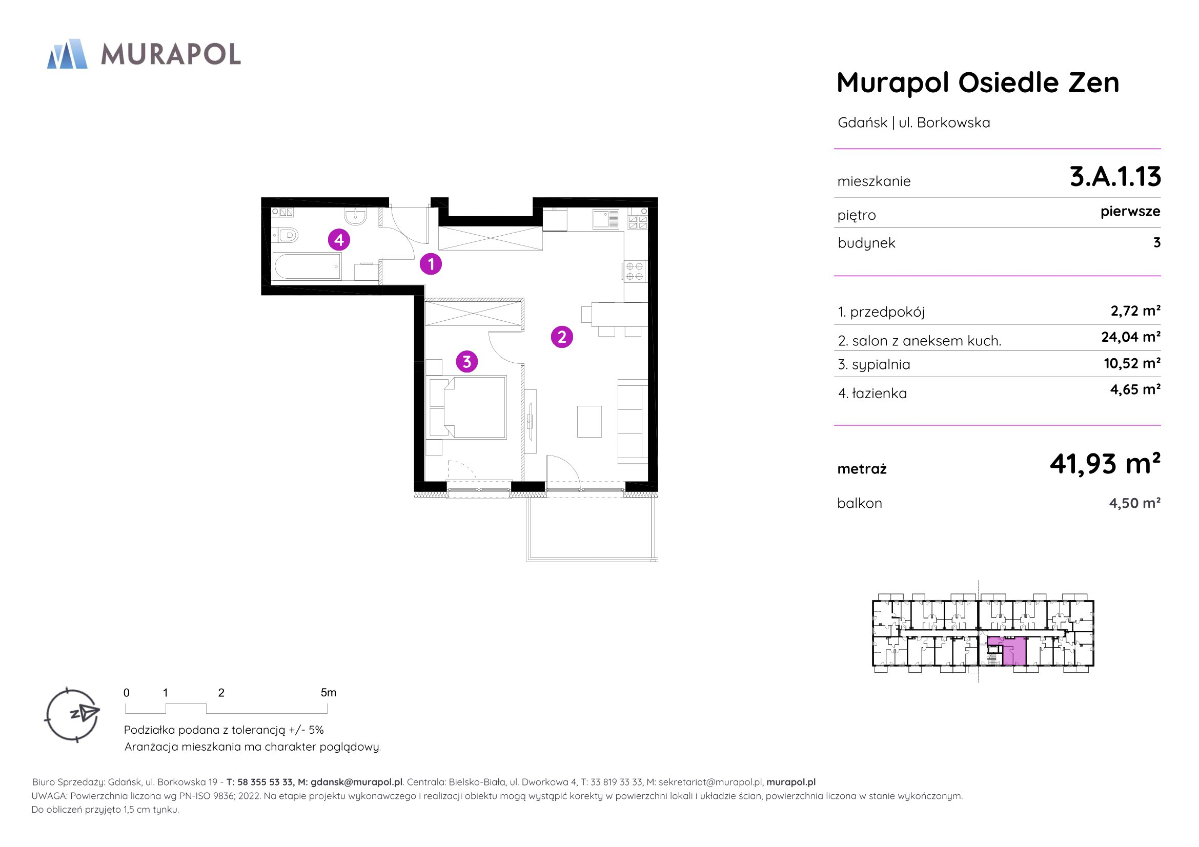 Mieszkanie 41,93 m², piętro 1, oferta nr 3.A.1.13, Murapol Osiedle Zen, Gdańsk, Orunia Górna-Gdańsk Południe, Maćkowy, ul. Borkowska-idx