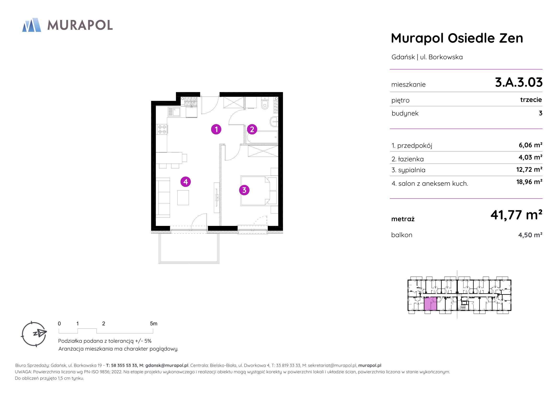 Mieszkanie 41,77 m², piętro 3, oferta nr 3.A.3.03, Murapol Osiedle Zen, Gdańsk, Orunia Górna-Gdańsk Południe, Maćkowy, ul. Borkowska-idx