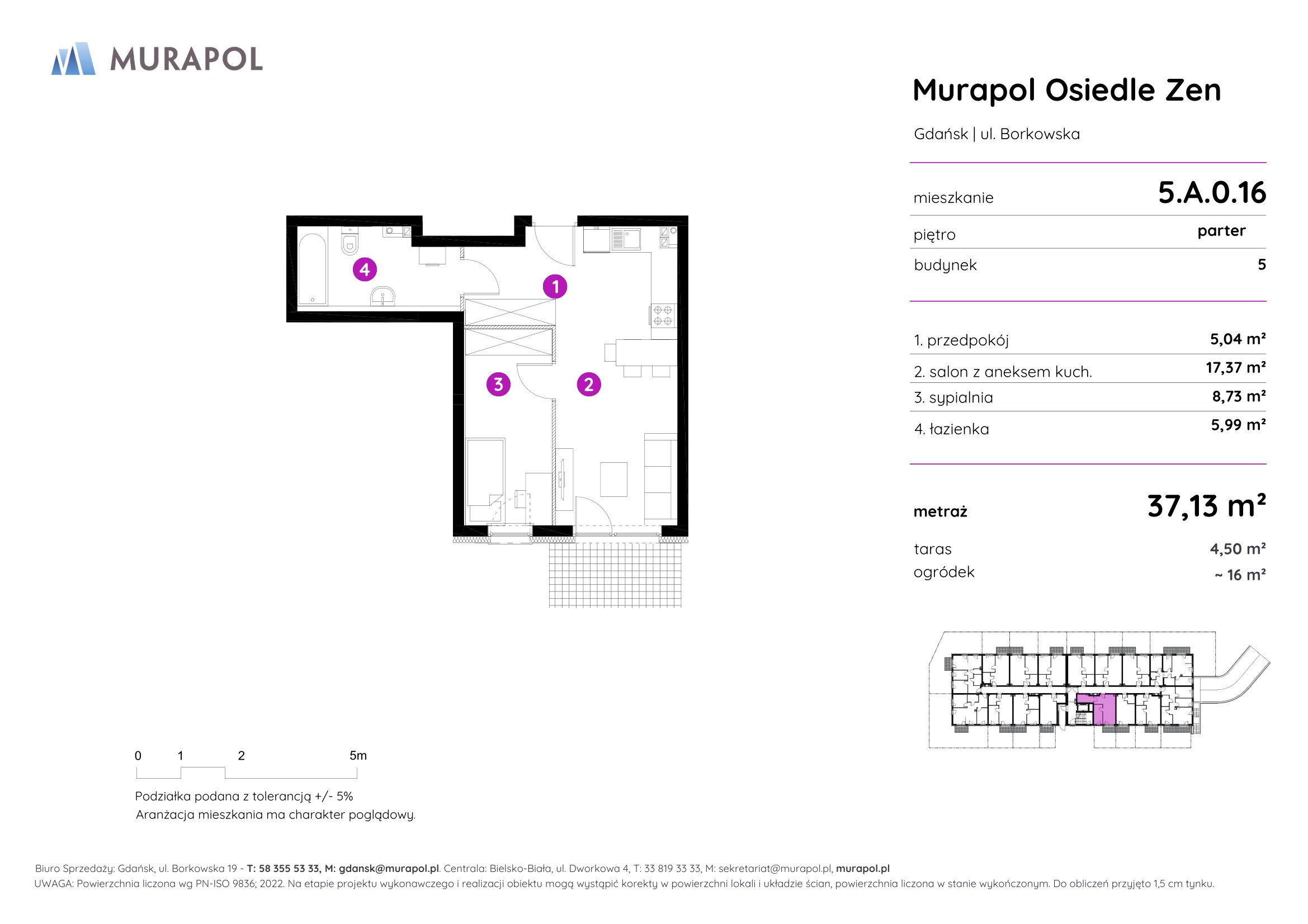 Mieszkanie 37,13 m², parter, oferta nr 5.A.0.16, Murapol Osiedle Zen, Gdańsk, Orunia Górna-Gdańsk Południe, Maćkowy, ul. Borkowska-idx