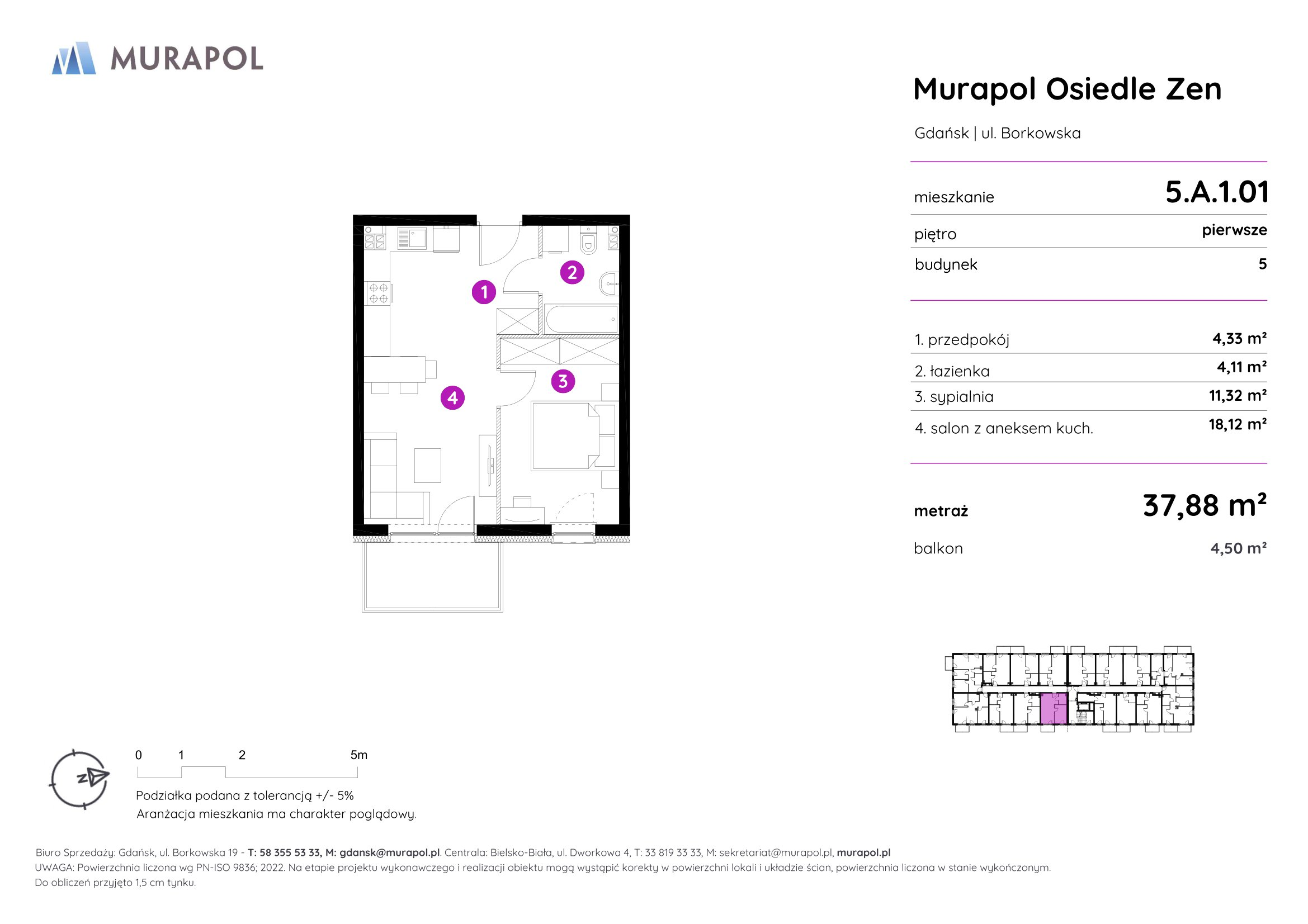 Mieszkanie 37,88 m², piętro 1, oferta nr 5.A.1.01, Murapol Osiedle Zen, Gdańsk, Orunia Górna-Gdańsk Południe, Maćkowy, ul. Borkowska-idx