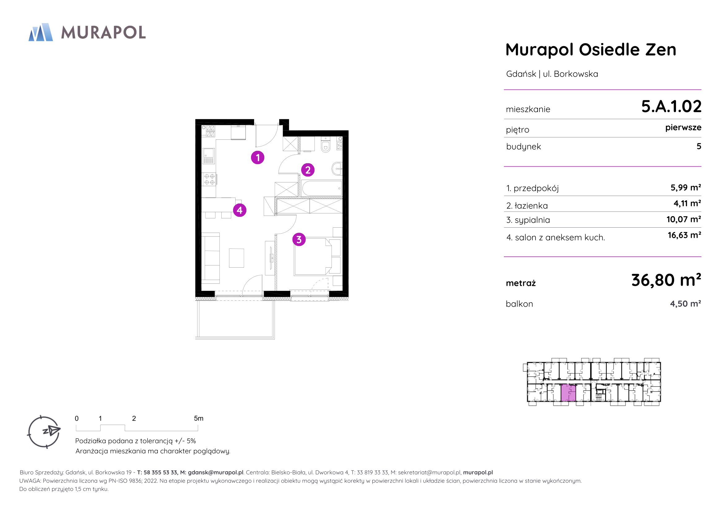 Mieszkanie 36,80 m², piętro 1, oferta nr 5.A.1.02, Murapol Osiedle Zen, Gdańsk, Orunia Górna-Gdańsk Południe, Maćkowy, ul. Borkowska-idx