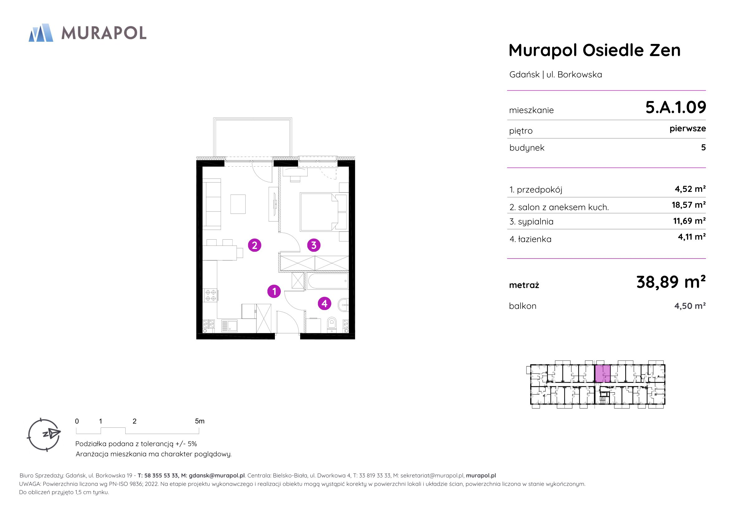 Mieszkanie 38,89 m², piętro 1, oferta nr 5.A.1.09, Murapol Osiedle Zen, Gdańsk, Orunia Górna-Gdańsk Południe, Maćkowy, ul. Borkowska-idx