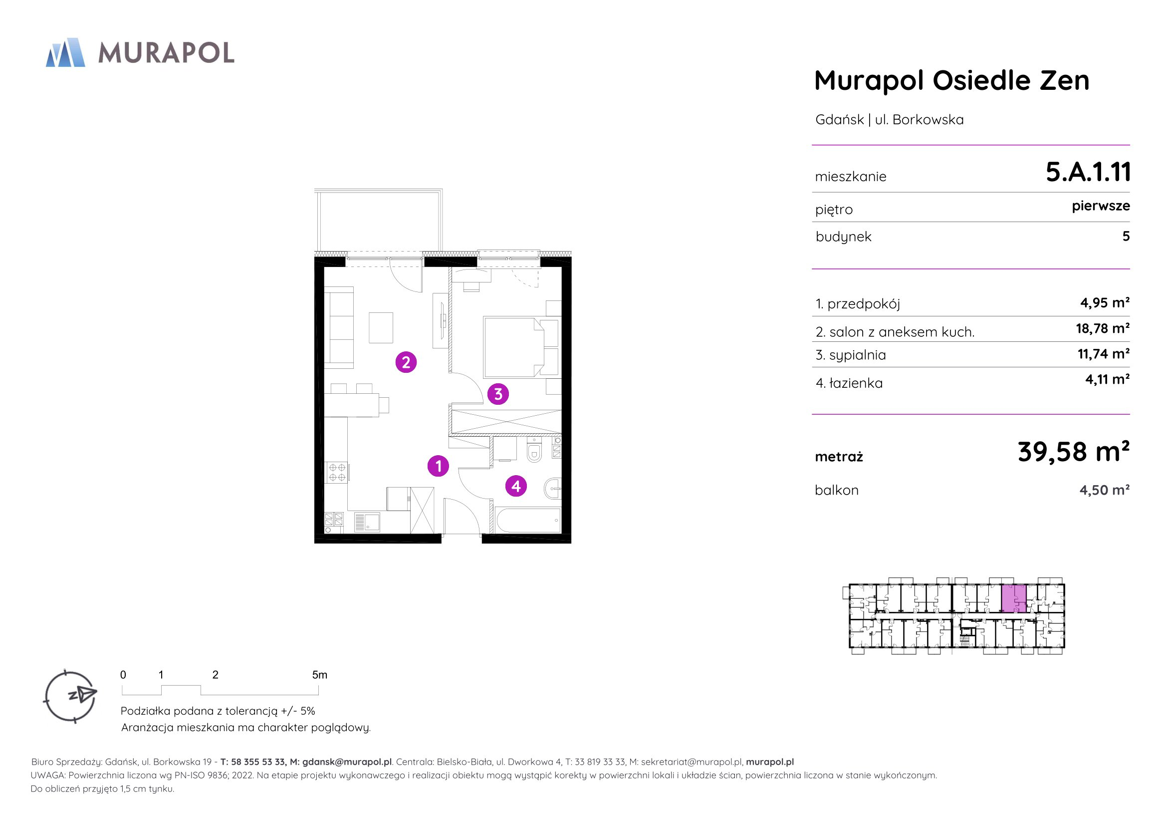 Mieszkanie 39,58 m², piętro 1, oferta nr 5.A.1.11, Murapol Osiedle Zen, Gdańsk, Orunia Górna-Gdańsk Południe, Maćkowy, ul. Borkowska-idx