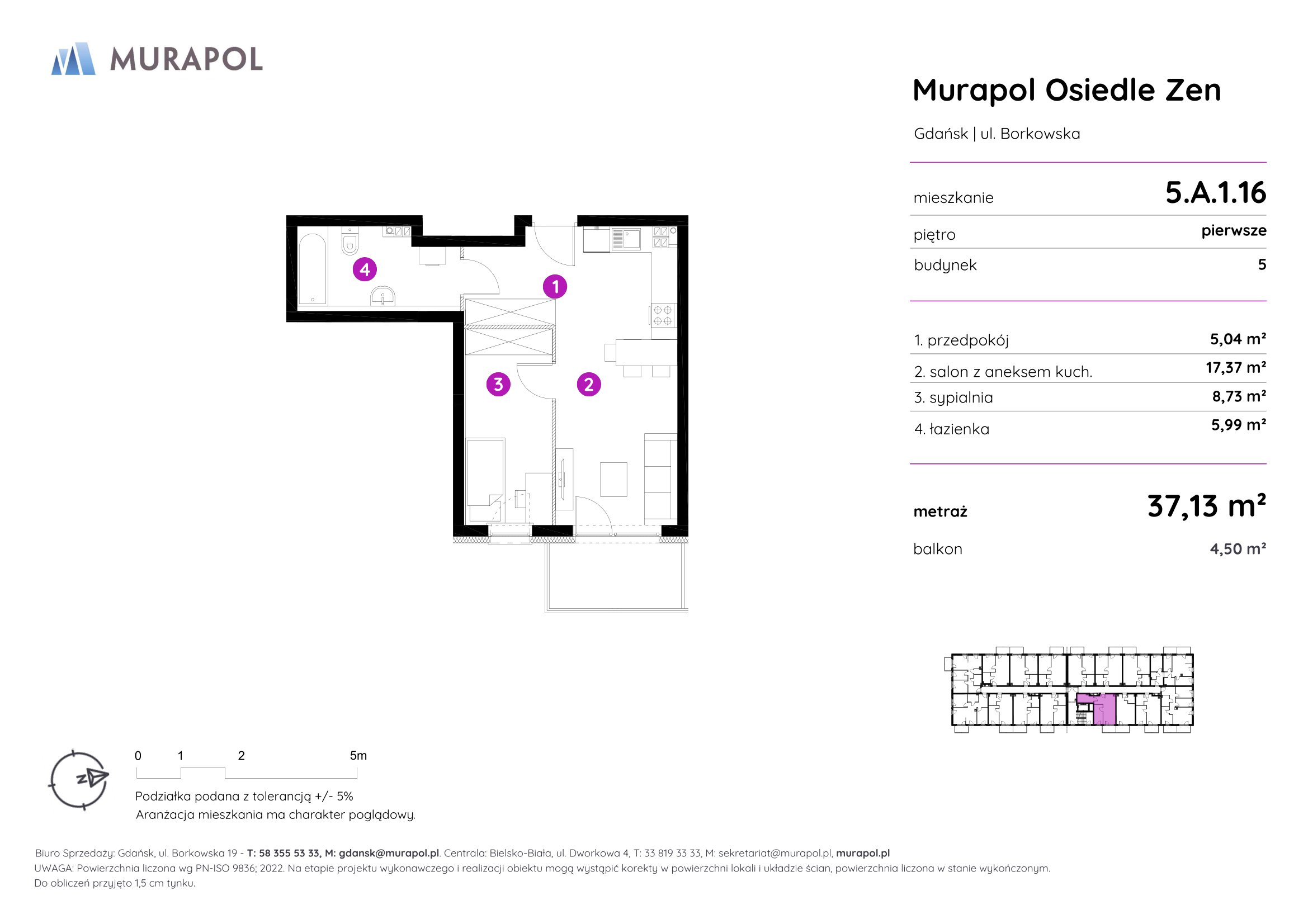 Mieszkanie 37,13 m², piętro 1, oferta nr 5.A.1.16, Murapol Osiedle Zen, Gdańsk, Orunia Górna-Gdańsk Południe, Maćkowy, ul. Borkowska-idx