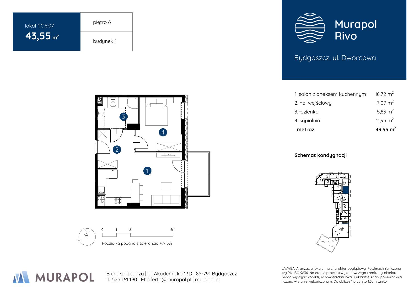 Mieszkanie 43,55 m², piętro 6, oferta nr 1.C.6.07, Murapol Rivo, Bydgoszcz, Śródmieście, ul. Dworcowa-idx